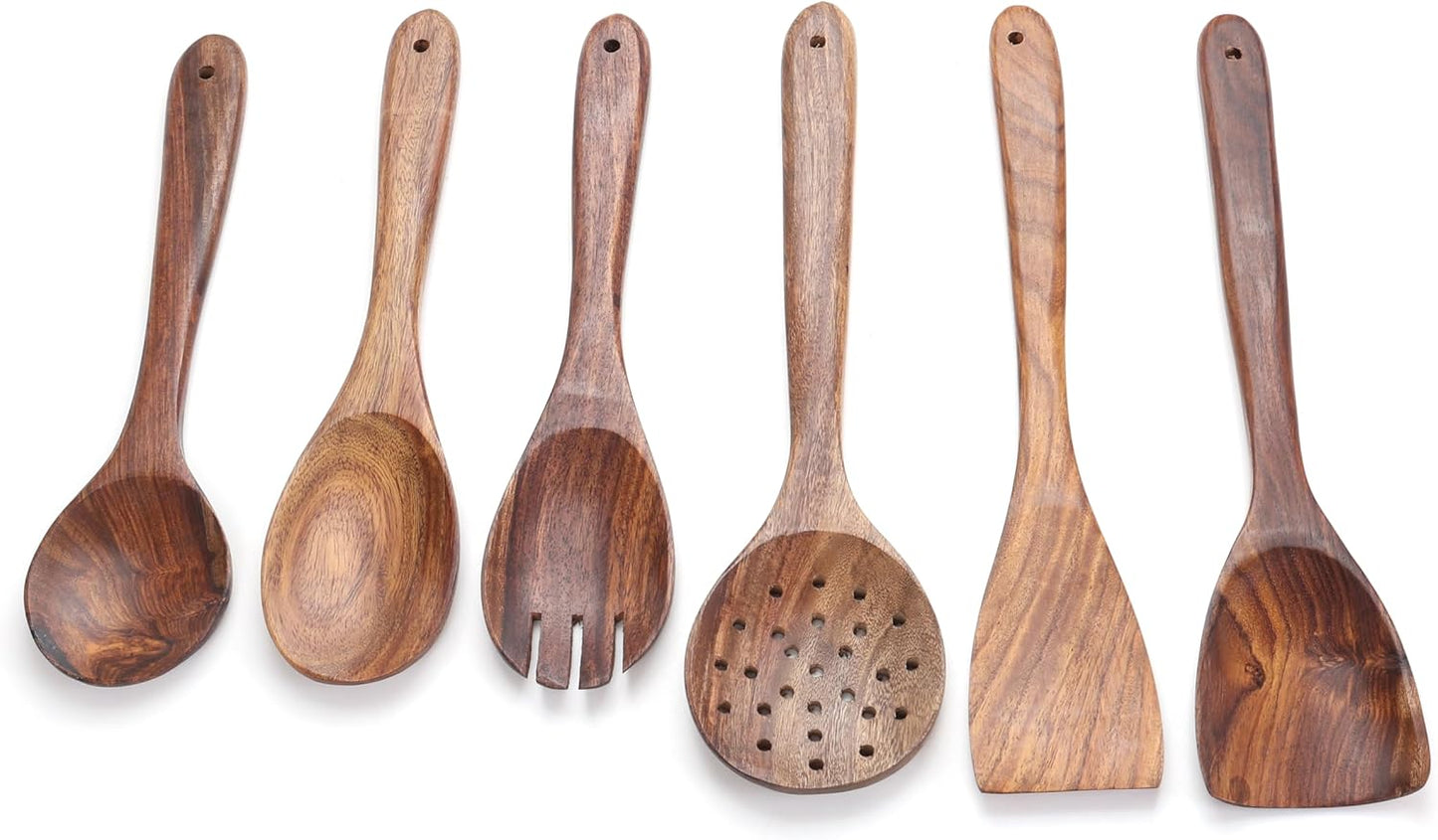 Wooden Spoons for Cooking Utensils Set with Holder, Spoon Rest & Hooks, Teak Wood Nonstick Kitchen Cookware