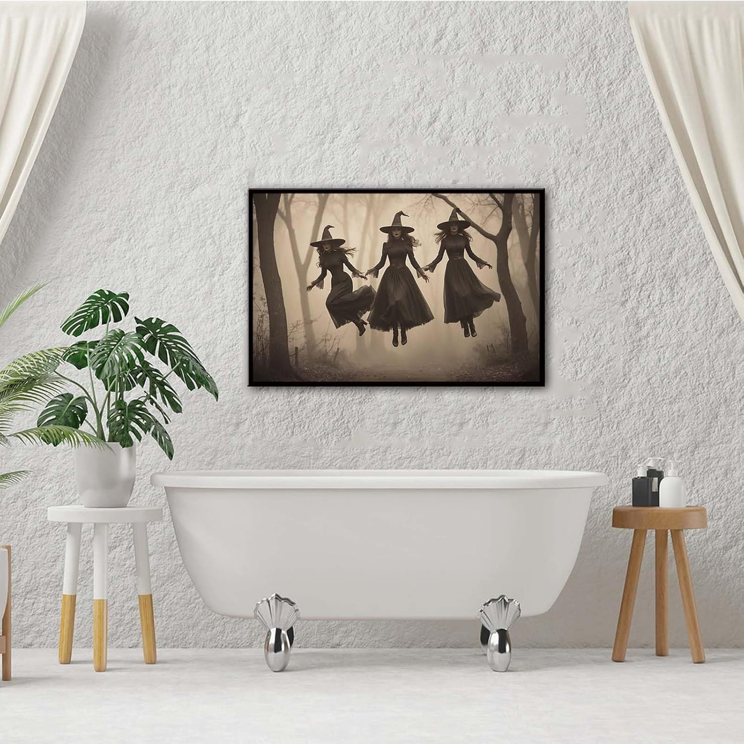 JFHCQJPK Three ghost witches flying in vintage forest gothic wall art witchcraft decoration holiday gift canvas wall art print12x16in Metal blackFramed