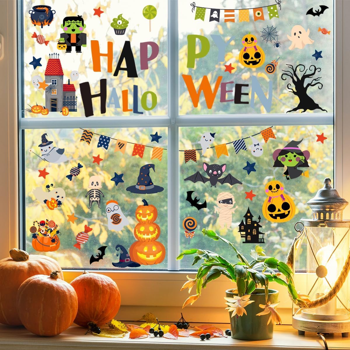 10 Sheets Halloween Window Clings Halloween Window Stickers Decorations Double-Sided Removable Castle Pumpkin Bat Glass Window Decals, Happy Halloween Window Clings for Kids Party Decorations