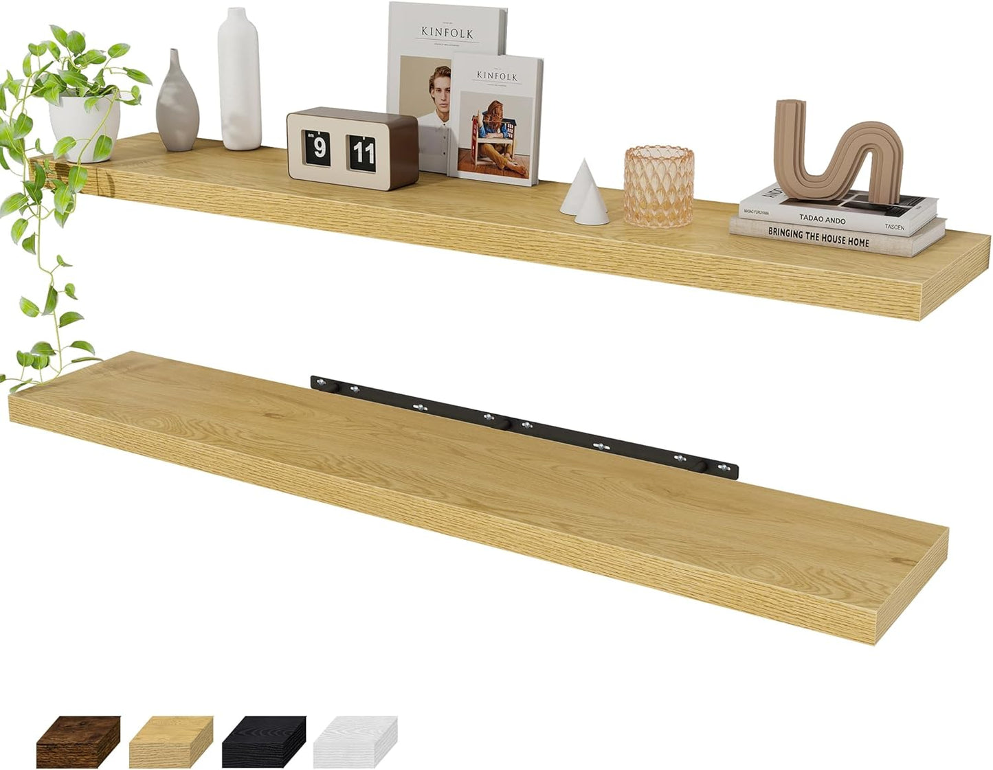 Fun Memories 55 Inch Floating Shelves for Wall 2 Pack Shelves for Bedroom|Kitchen|Bathroom 55 x 9.3 Inch Wood Floating Shelf with Invisible Brackets for Books|Storage|Decor, Oak