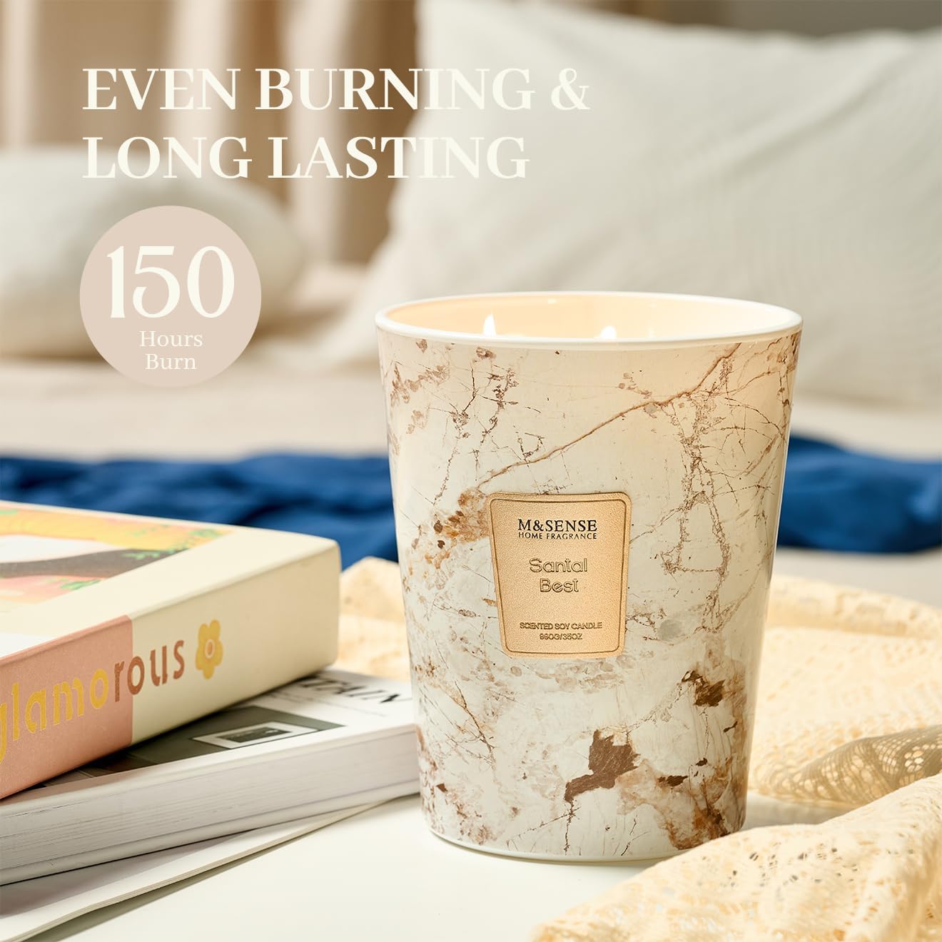 M&SENSE Santal Scented Candles for Home, 3-Wick Highly Scented Jar Candles, Extra Large Candle 35 Oz 150 Hours Long Lasting Burning, Relaxing Aromatherapy Candle for Stress Relief, Meditation