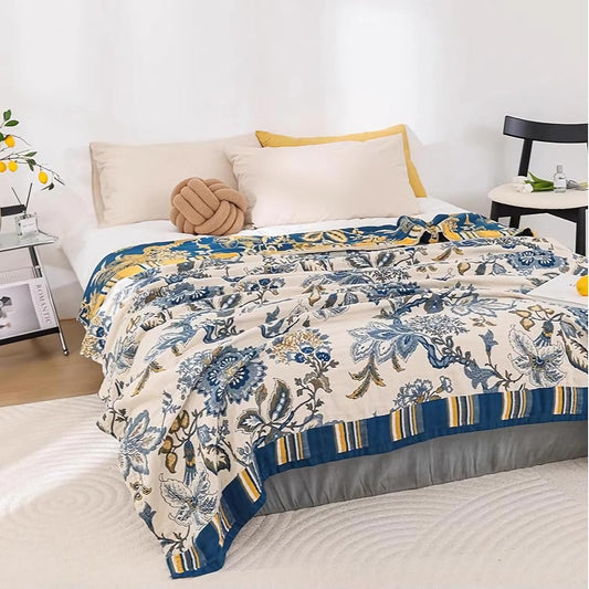 Snycler Boho Throw Blanket for Bed - 100% Cotton Ultra Soft Rustic Quilt - White Blue Floral Printed Farmhouse Decor Bed Blankets, 80"×90" All Season Rustic Throw for Sofa Couch Chair