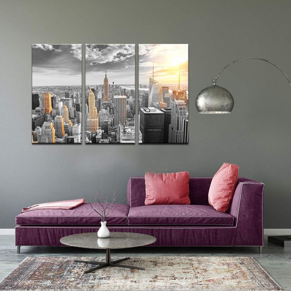 LevvArts Large 3 Piece New York City Canvas Wall Art Modern Black and White NYC at Gold Sunset Picture Prints Cityscape Skyline Poster Framed for Home Office Living Room Decor