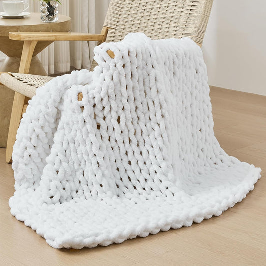 Bigacogo Chunky Knit Throw Blanket for Couch, 40x40 inches, 100% Hand Knitted with Thick Jumbo Chenille Yarn, Cozy Soft Large Rope Knot Cable Crochet Blankets for Sofa Bed Living Room, White