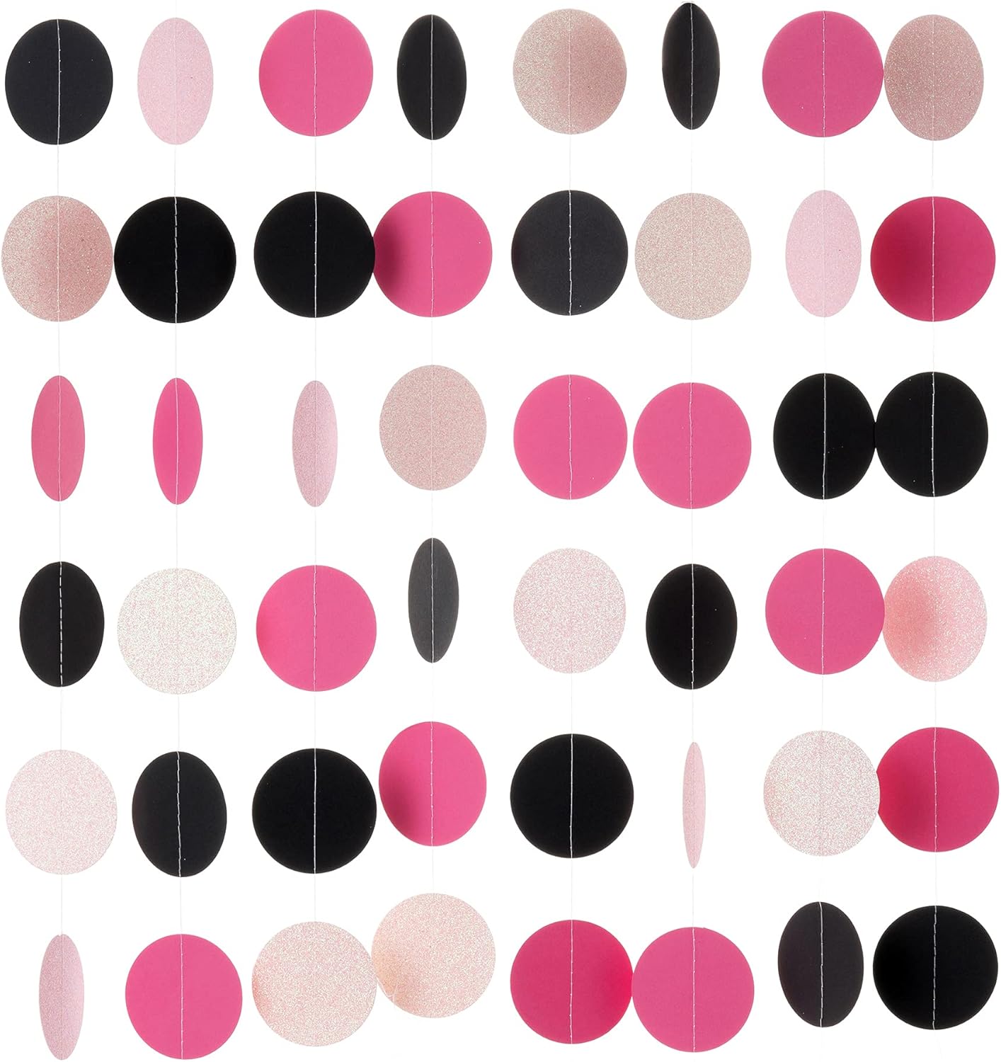 WEVEN Hot Pink Black Iridescent Glitter Paper Garland Circle Dot Streamers Party Banner for Birthday Decorations Supplies, 2.5" in Diameter, 20 Feet in Total