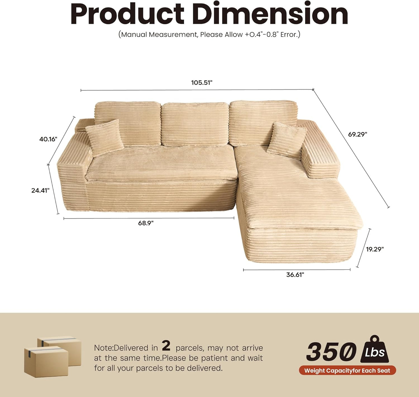 ovios 105” Modular Sectional Sofa with Thicken Seat Cushion, Cloud Couch with Deep Seat, Modern L-Shape Sofas Couches with Chaise,Upholstered Couches for Living Room Bedroom,Beige