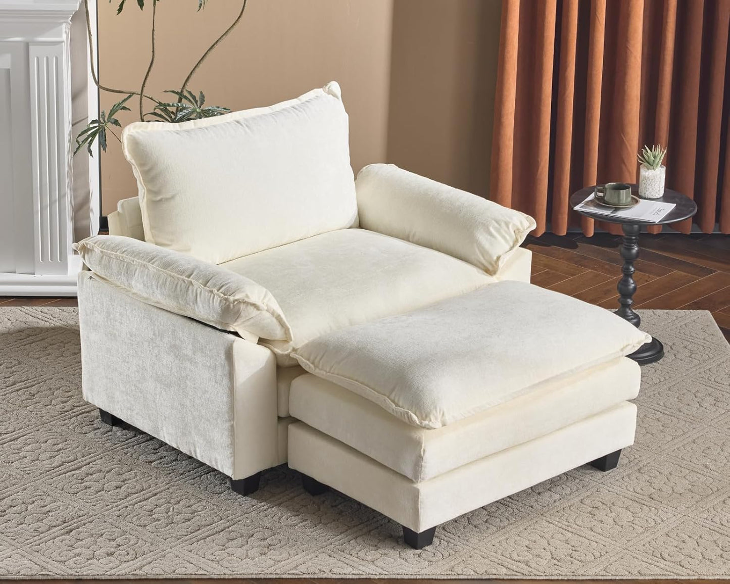 Karl home Oversized Accent Chair Chenille Sofa with Chaise, Modern Sofa Chair with Removable Ottoman Modular 1-Seater Couch and 2-Layer Ottoman for Living Room, Apartment, Studio, Beige