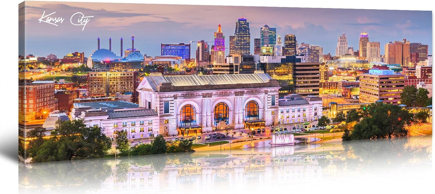 Pictures for Bedroom Kansas City Skyline Wall Art Canvas Prints Cityscape USA City Building Panoramic Night View Posters Modern Home Office Living Room Decoration Framed 13.8"x 45.3"