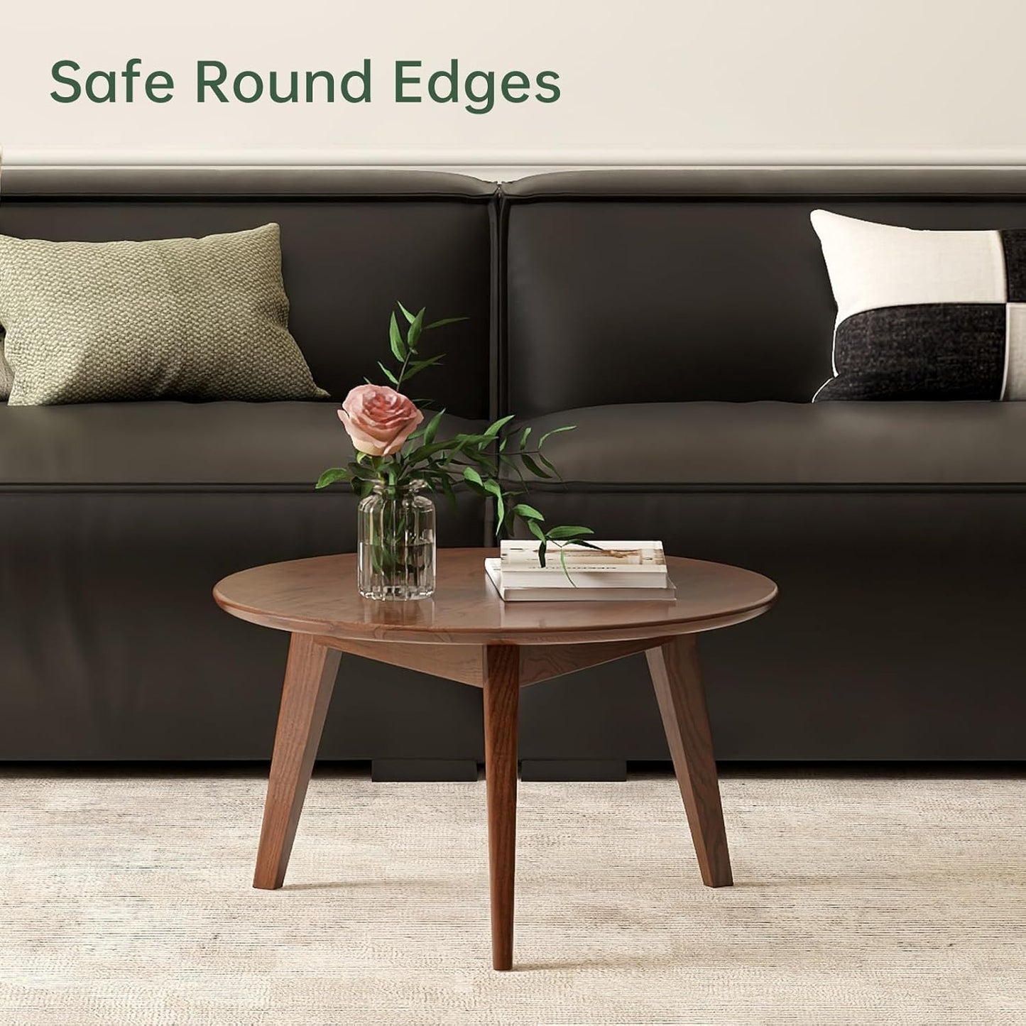 100% Solid Oak Wood Mini Coffee Table, Round Living Room Table Side Table w/Solid Wood Legs, Walnut Mid Century Sturdy Tables for Bedroom Balcony Living Room (23.62" D x 13.78" H)