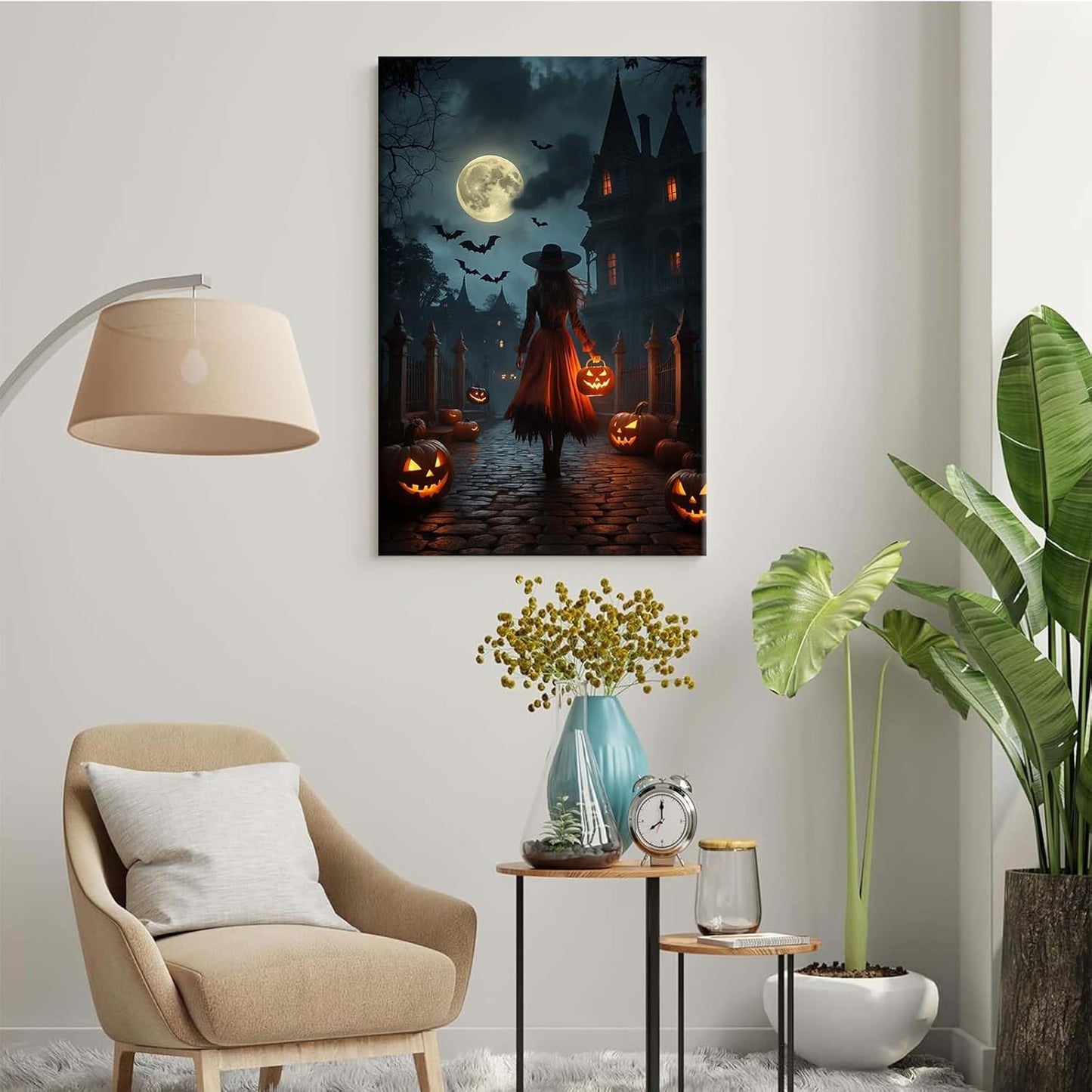 JFHCQJPK Halloween theme poster moonlit autumn night witch vintage poster art print dark college style gothic painting canvas wall decoration bedroom living room ideal gift20x30in Frameless