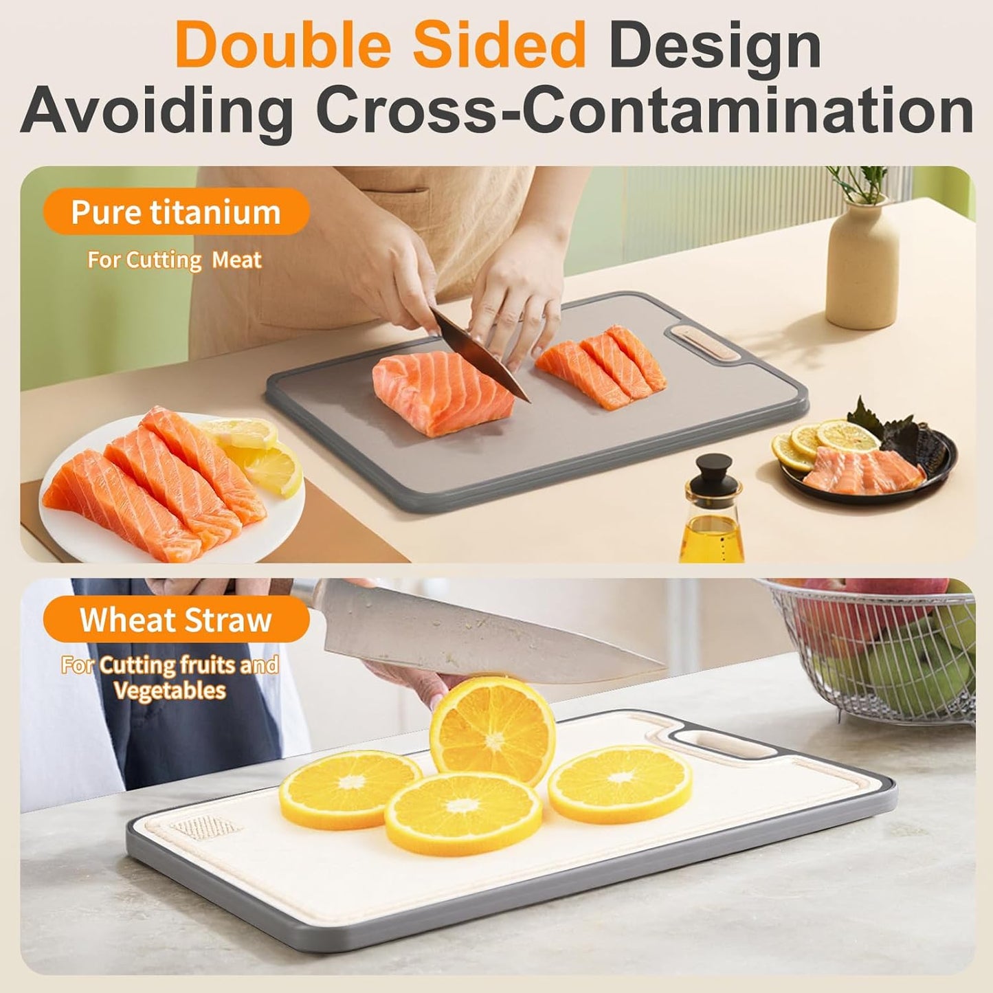 Titanium cutting boards for Kitchen,Double Sided Food Grade,Pure Titanium and Wheat Straw PP, Double Chopping Boards for Meat and Fruits Easy to Clean Size 15’’x10’’