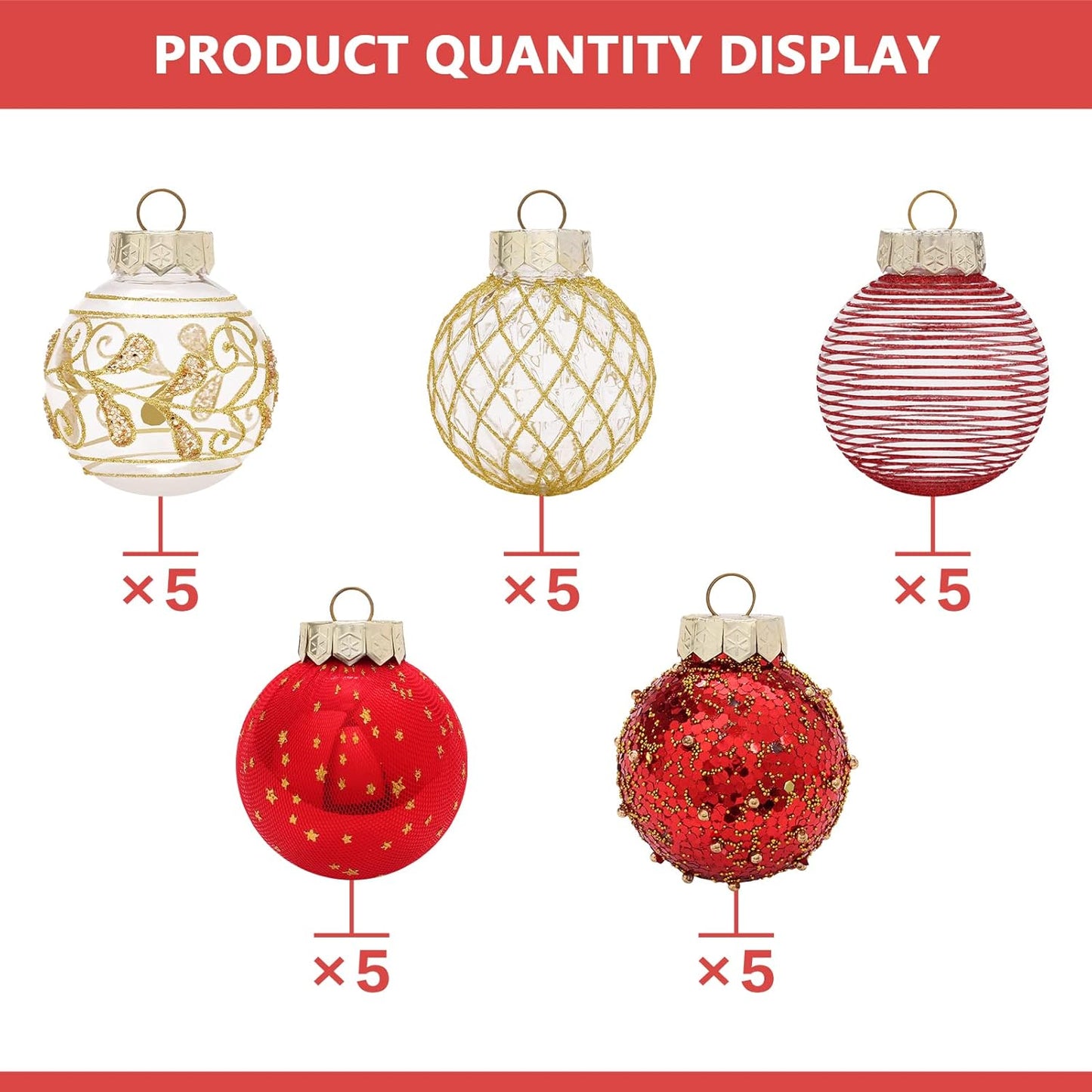 25PCS Christmas Ornaments Set, 2.36"/6CM Clear Plastic Shatterproof Christmas Ball Hanging Ornaments for Xmas Tree Decorations, for Indoor Home Party Holiday Decor - Red/Gold.