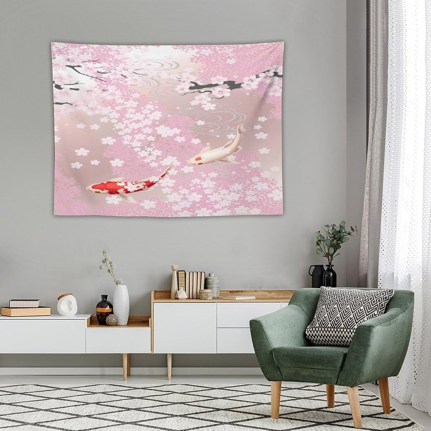 Houselerax Japanese Koi Fish Tapestry, Cherry Blossoms Asian Oriental Pink Flower Branch Koi Fish Carp Tapestries Wall Hanging for Bedroom Living Room Office Decor 40"x30"
