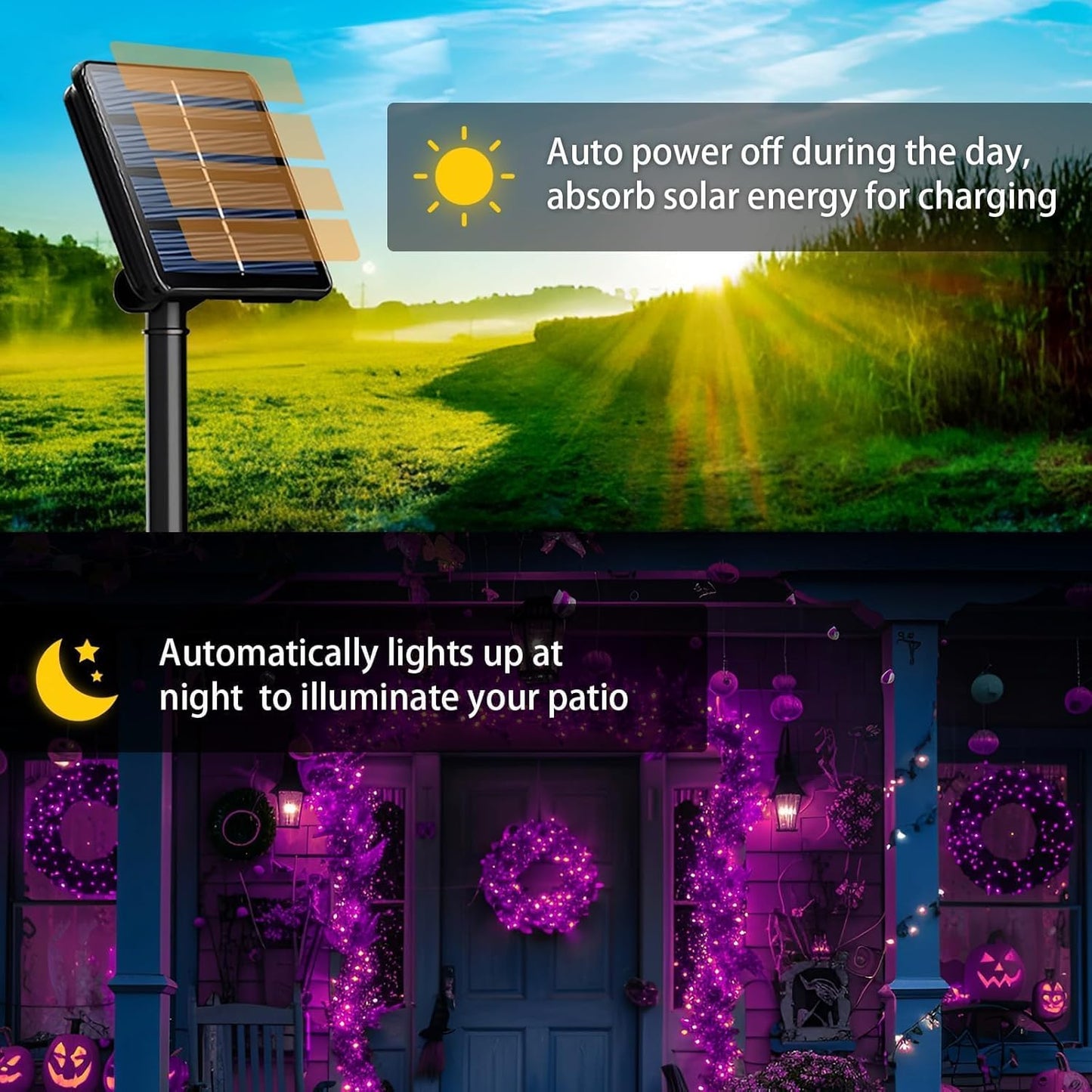 4-Pack Solar String Lights,156Ft Extra-Long 400 LED Waterproof Solar Halloween Lights, 8 Modes for Garden, Patio, Wedding (Purple & Orange)