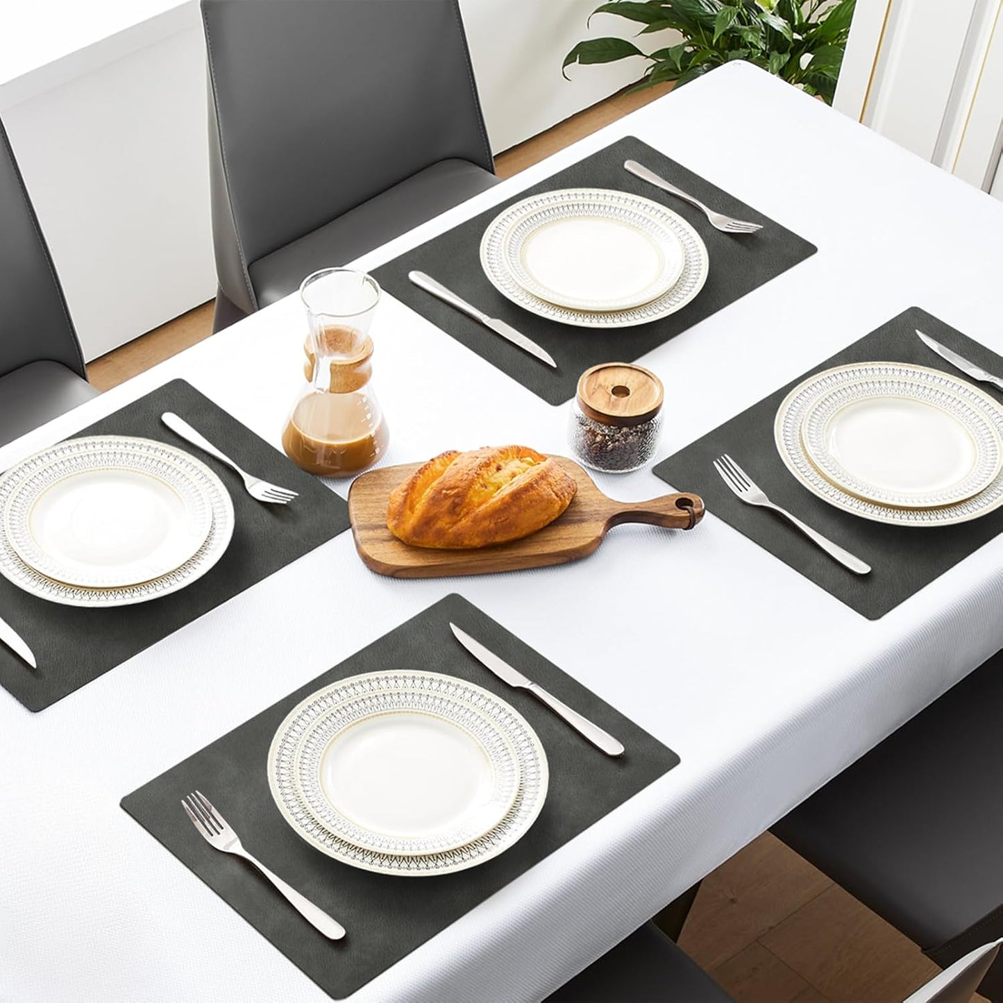 MOSAYT Vinyl Placemats Set of 8-12 X 17 Inch - Faux Leather 100% Waterproof Oil-Proof Wipeable PU Place Mats, Heat Resistant Reversible Table Mats for Kitchen, Dining, Outdoor (Dark Grey)