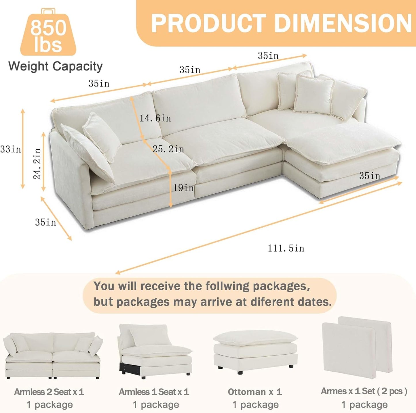 Sectional Sofa 3 Seater with Movable 1 Ottoman,Oversized Modular Couch Deep Seat (Beige, 111.5 inch-L)