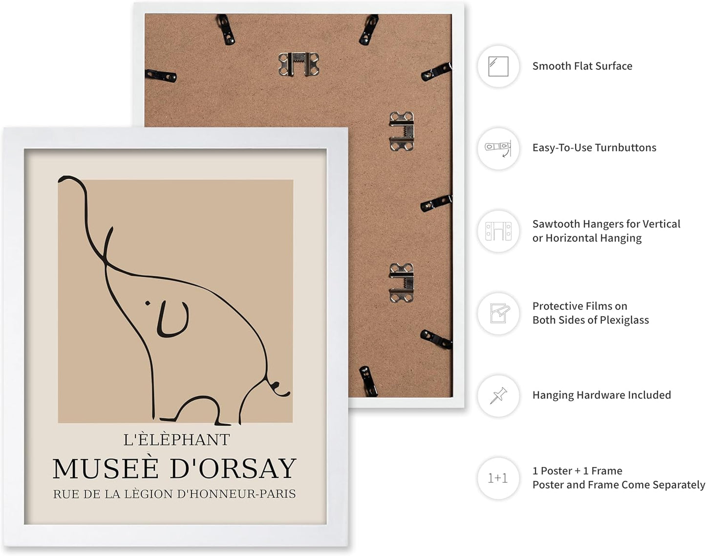 Poster Master Vintage Poster - Retro Minimalist Print - Gift for Artist, Housewarming - Elephant, Line Drawing, Sketch, Abstract - Wall Decor for Living Room, Bedroom, 16x20 White Framed