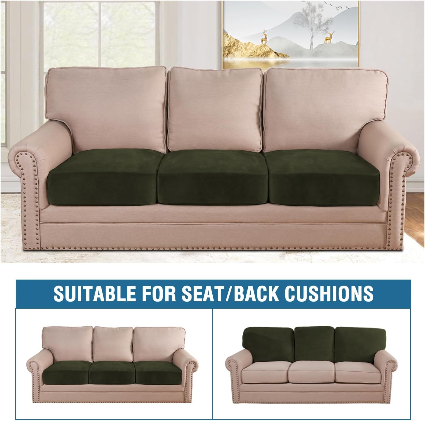 H.VERSAILTEX Velvet Stretch Couch Cushion Cover Plush Cushion Slipcover for Chair Loveseat Sofa Cushion Furniture Protector Seat Cushion Sofa Cover (3 Piece XL Sofa Cushion Covers, Olive)