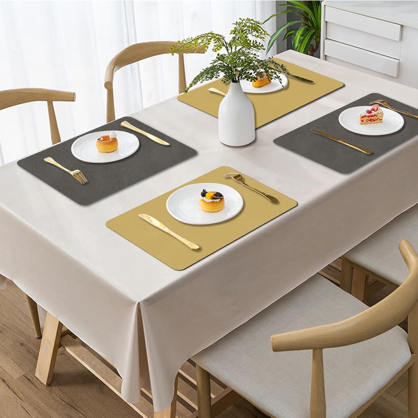 BLESWIN Faux Leather Placemats, PU Dining Table, Waterproof and Oil Resistant Easy to Clean, Heat Resistant Reversible Use Table Mats for Kitchen, Dining Table, Outdoor – 12 × 17 Inch, Mud&Dark Yellow