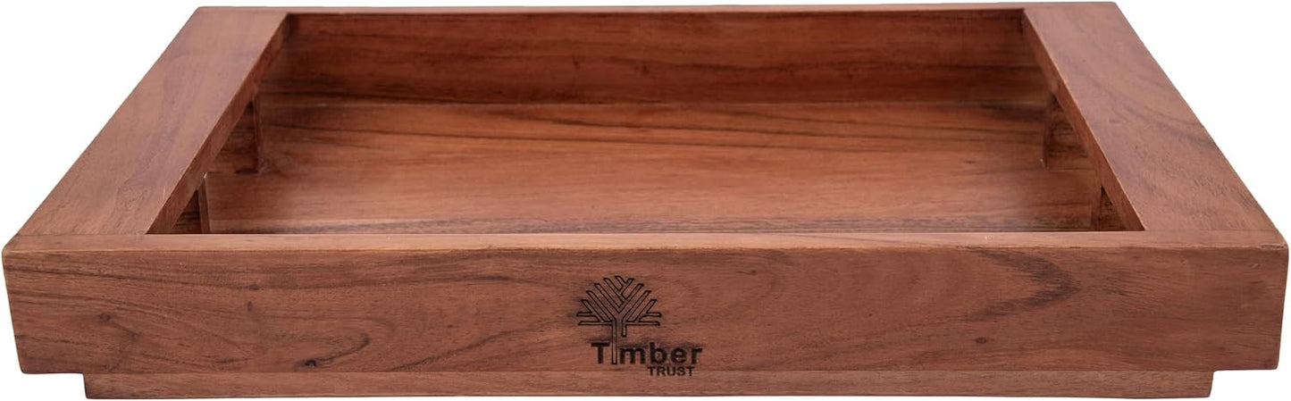 Acacia Wood Serving Tray with Handles – 15x10x2 Inch Decorative Tray for Breakfast in Bed, Dinner, Appetizers, Coffee Table, BBQ, Patio & Party – Perfect for Lap & Couch Use