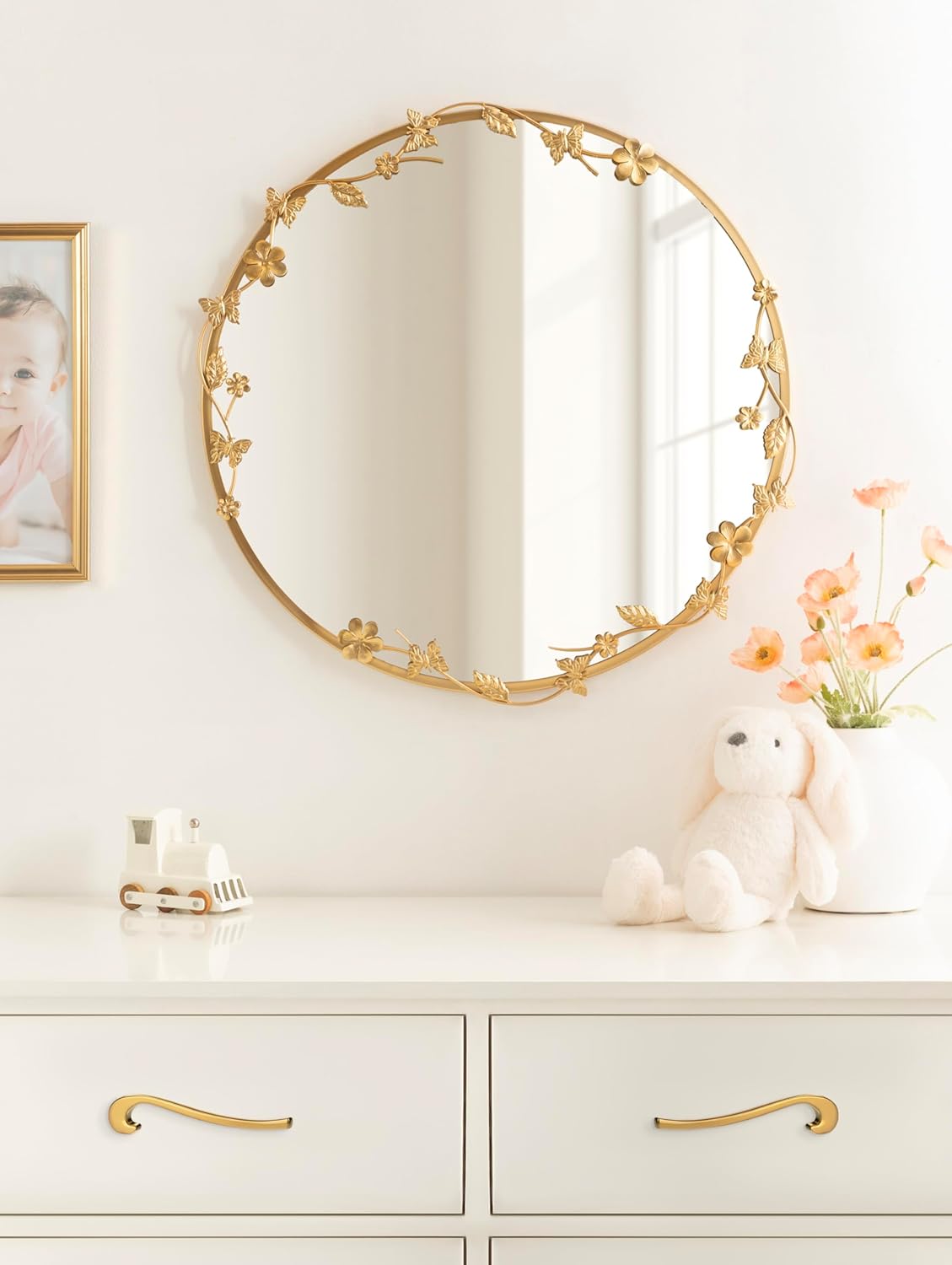 Kate and Laurel Rosella Modern Ornate Round Wall Mirror, 26 Inch Diameter, Gold, Circle Mirror with Floral Detailing for Use as Bathroom Mirror for Over Sink or Cute Nursery Mirror Decor