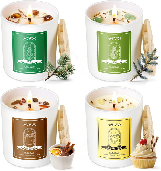 AOOVOO Winter Candles Set for Women - 4 Pack Candles for Home Scented, Aromatherapy Candle with Crystals, 28 oz 200 Hour Long Lasting Candle, Winter Fragrance of Cedar, Fir, Hot Cocoa, Vanilla Cake
