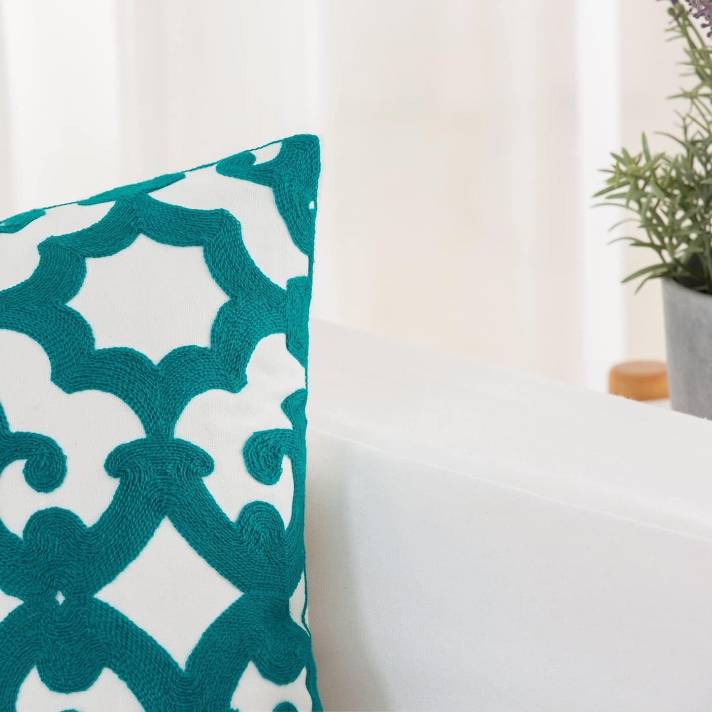 HWY 50 Teal Decorative Throw Pillow Covers 18x18 Inch (1 Piece), Embroidered Cotton Farmhouse Cushion Cover Pillow Case for Sofa Couch Living Room Bed, Geometric