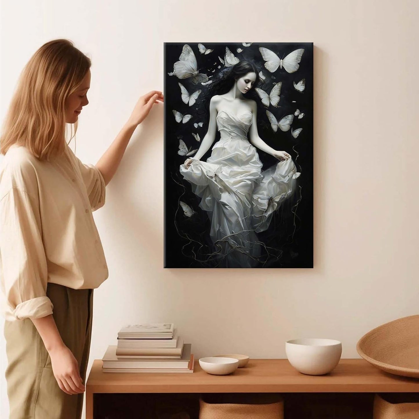 Vintage Gothic Feminine Canvas Wall Art Print Butterfly Poster Moody Preppy Wall Art Dark College Decor for Home Bedroom20x30in Wood Framed