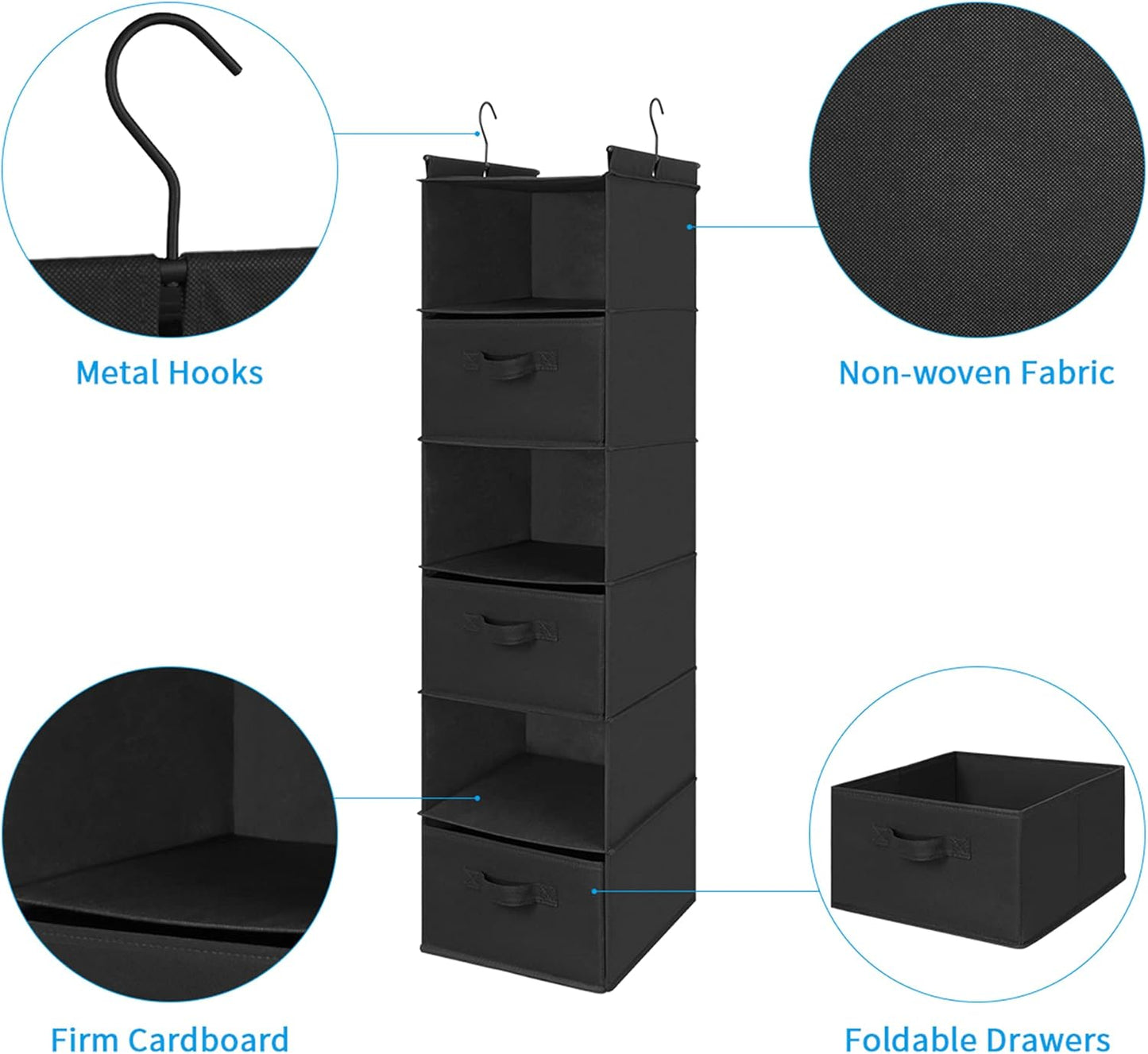 MAX Houser 6 Tier Shelf Hanging Closet Organizer, Closet Hanging Shelf with 2 Sturdy Hooks for Storage, Foldable (Black-D3)