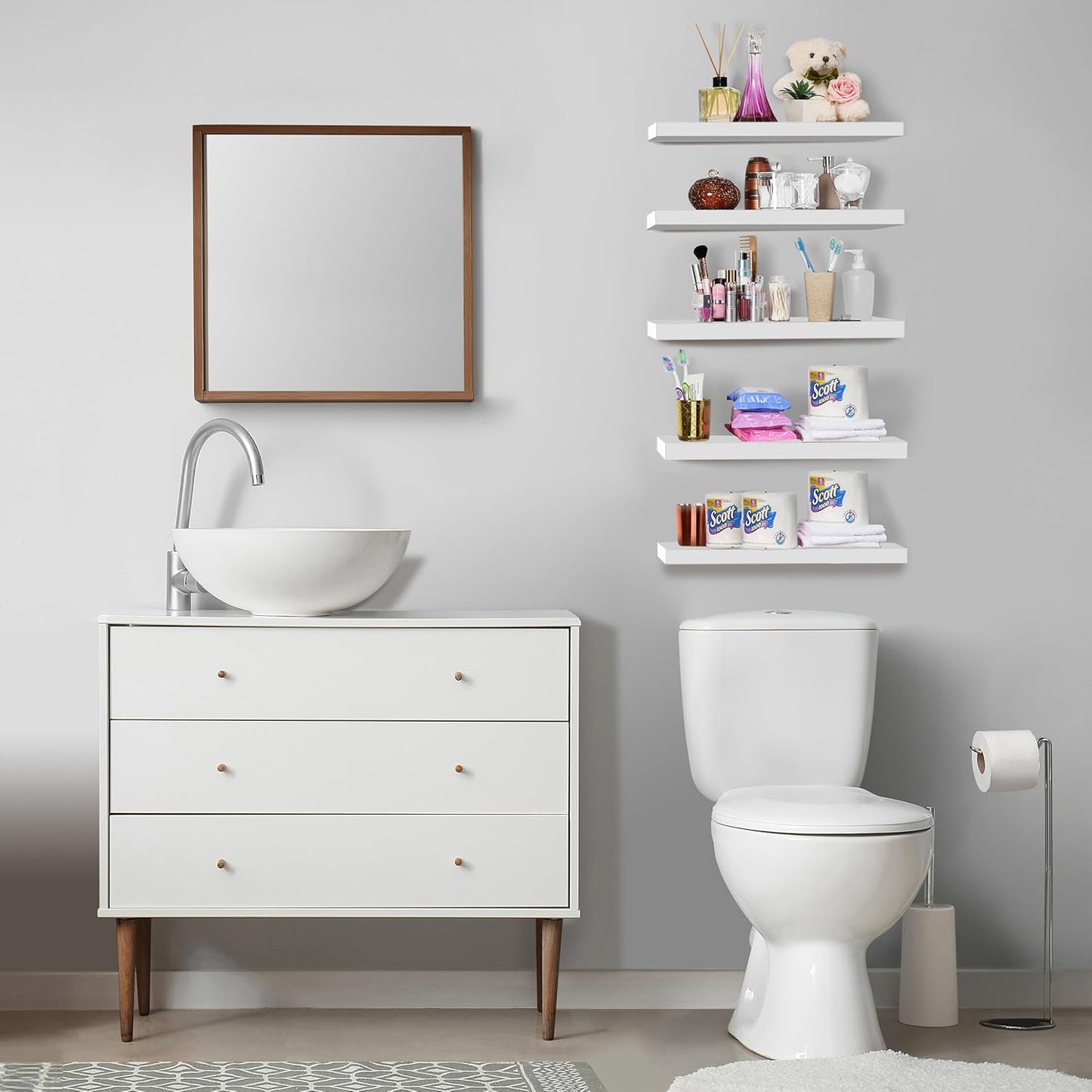 Sorbus Floating Shelves for Wall, Bathroom Shelves Wall Mounted for Kitchen, Bedroom, Living Room, Bathroom Storage, Over Toilet, Hanging Book Shelf for Ｗall Home Decor (White, 5 Pack)