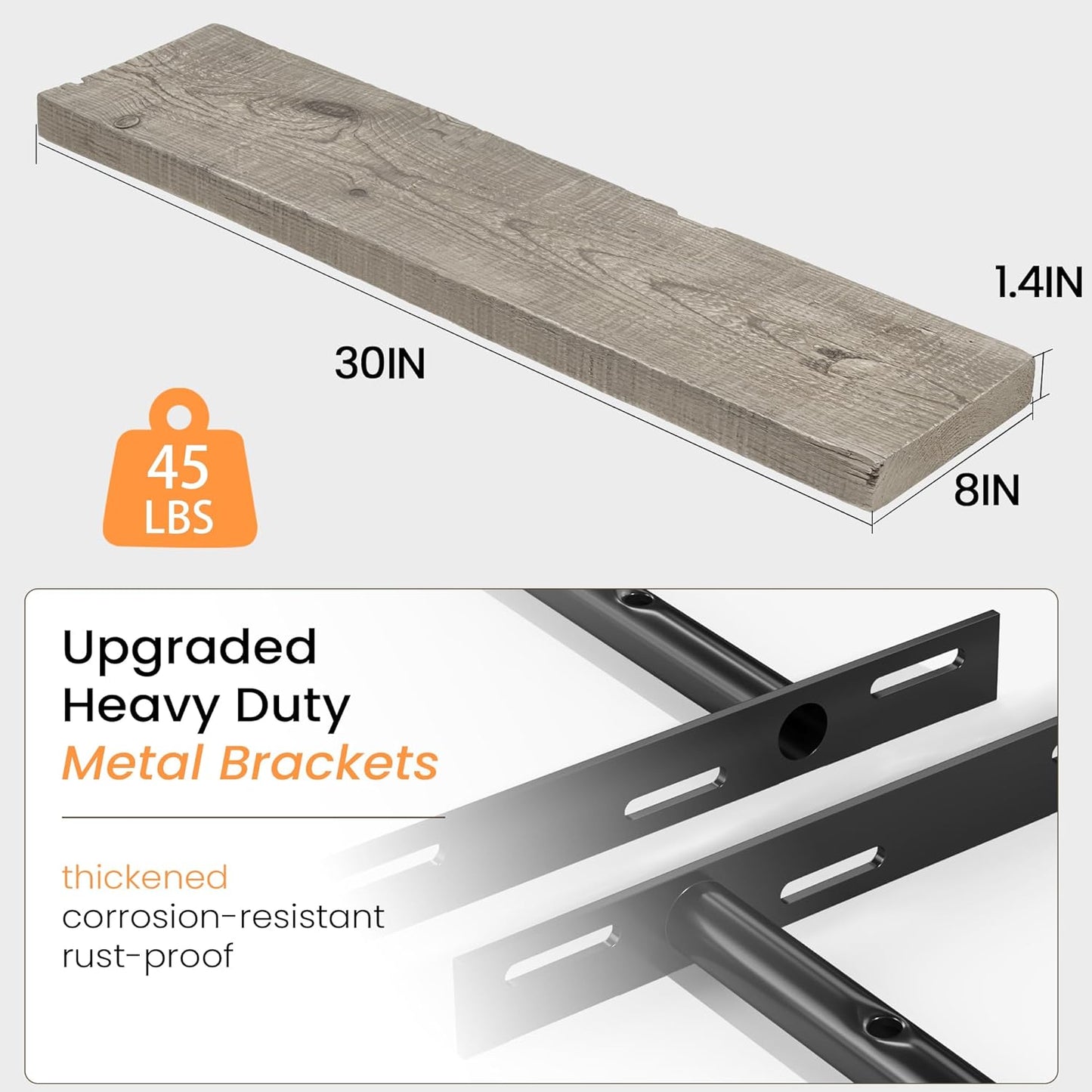 Fun Memories Floating Shelves for Wall Decor, 30"x8" Rustic Reclaimed Wood Shelves, Heavy-Duty Wall Mounted Shelves with Invisible Brackets, Set of 2for Living Room, Bedroom, Kitchen, Grey Finish