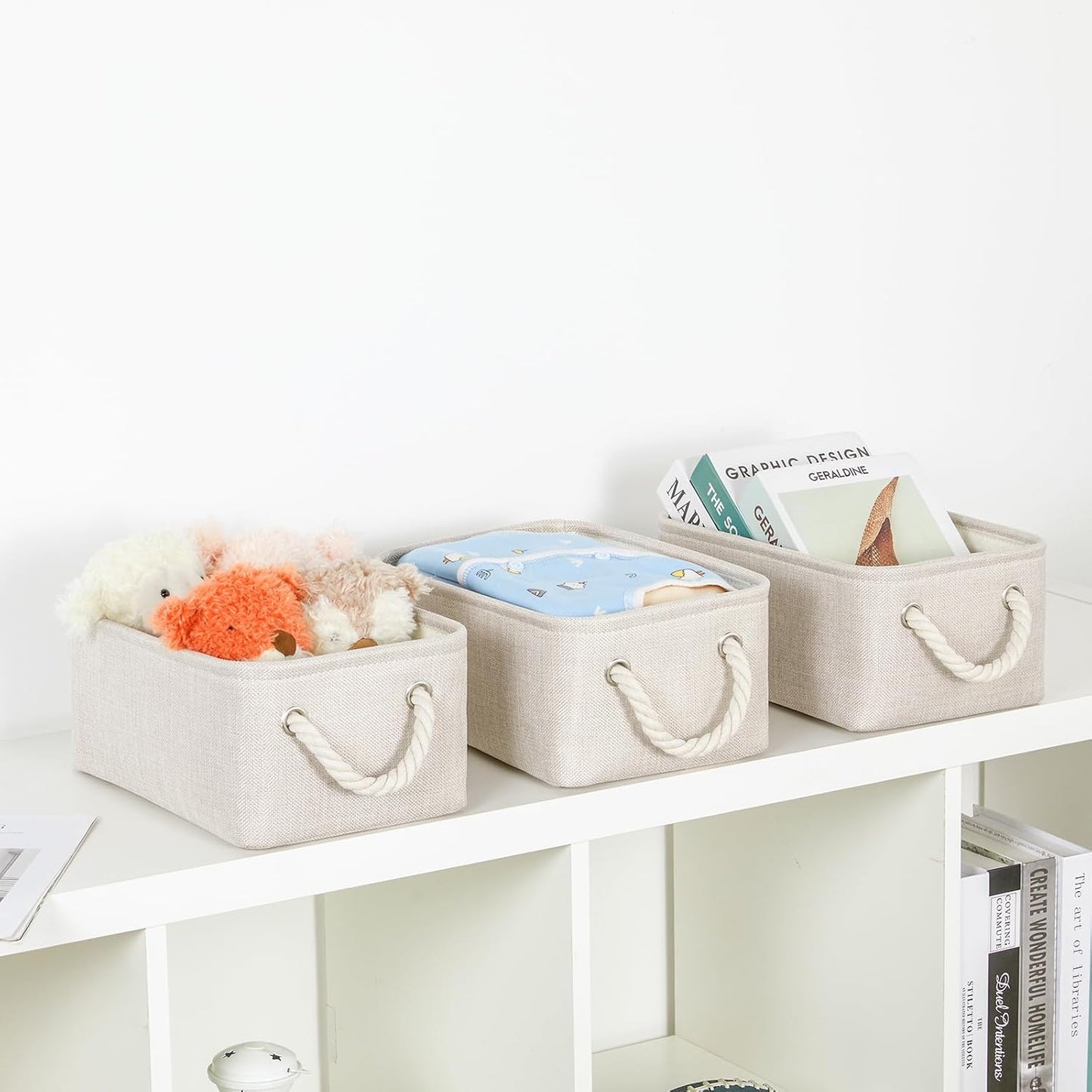 Bidtakay Small Storage Bins for Shelves 3 Pack Fabric Storage Baskets for Organizing 12x8x5 Inch Closet Storage Bins Linen Collapsible Organizer for Closet-Light Biege