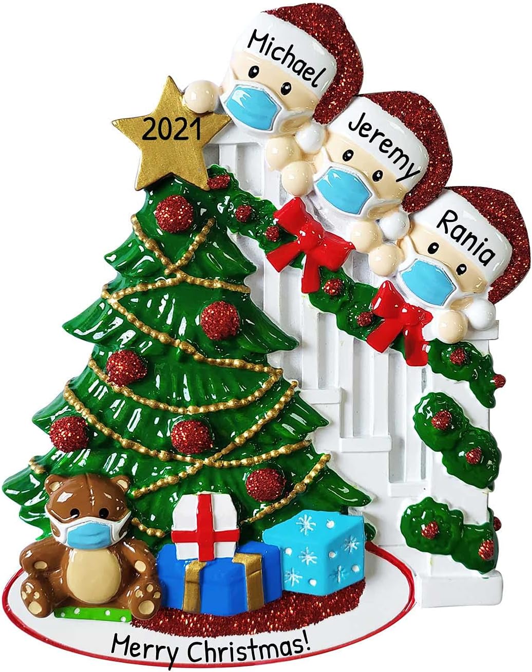 Masked Family of 3 Christmas Ornament 2025 Personalized Family Christmas Ornaments 2025 | Pandemic Memorial Personalized Tree Ornaments Customizable Gifts with Bear in The Staircase of Three Ornament