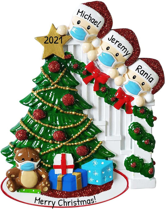Masked Family of 3 Christmas Ornament 2025 Personalized Family Christmas Ornaments 2025 | Pandemic Memorial Personalized Tree Ornaments Customizable Gifts with Bear in The Staircase of Three Ornament