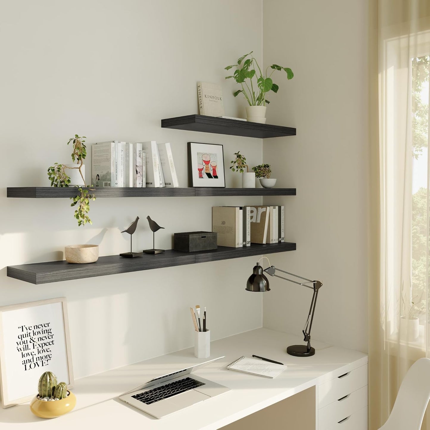 Large Floating Shelves for Wall Set of 2 Wooden Wall Shelves 30 in x 12.75 in x 2 in Room Decor Long Shelf with Invisible Wall Mount Bracket for Bedroom Kitchen Living Room Black Wood