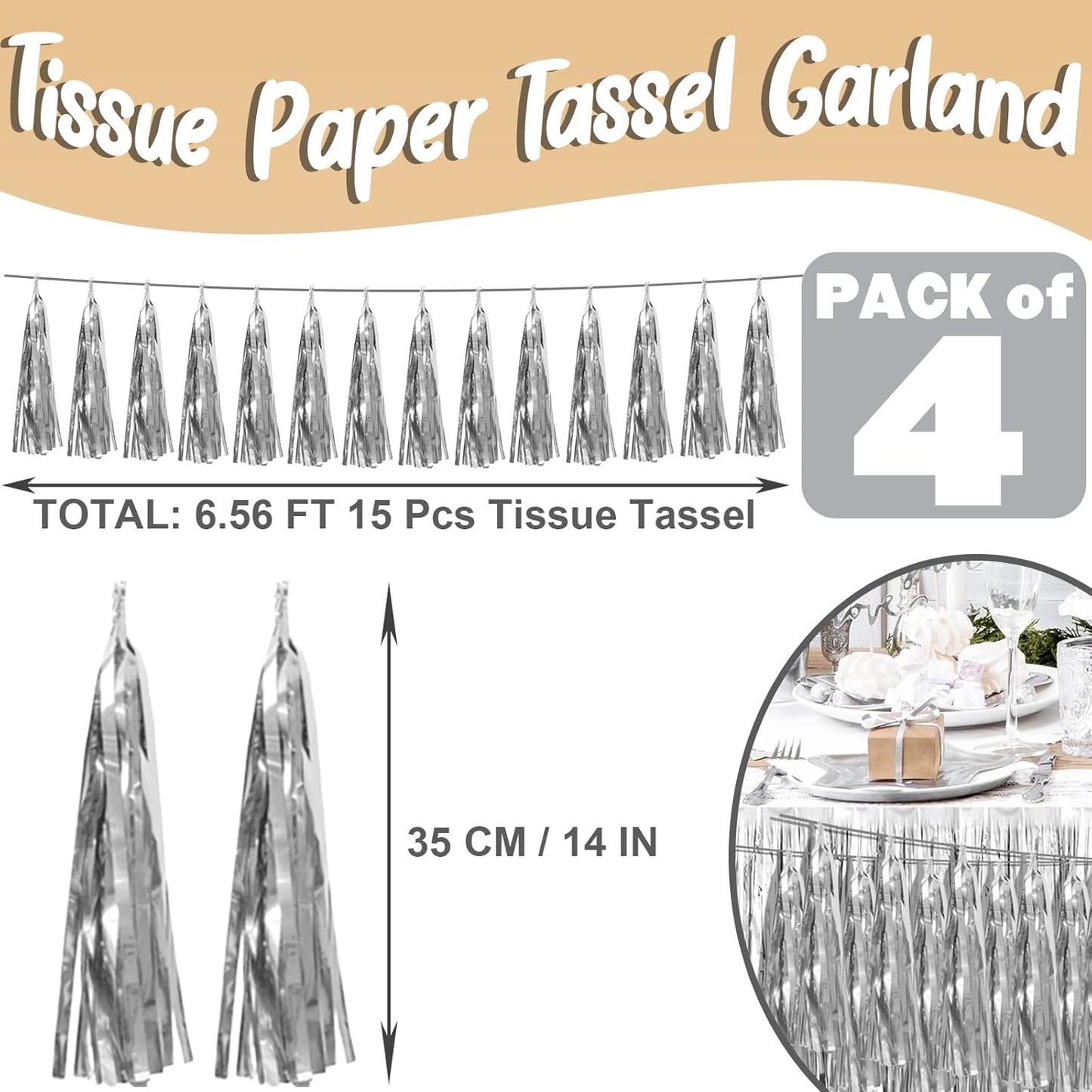 4P Silver Foil Fringe Metallic Tassel Streamers Banner Tassel Garland for Parade Floats, Bachelorette, Wedding, Birthday, Halloween, Christmas, Bridal/Baby Shower Party Decorations