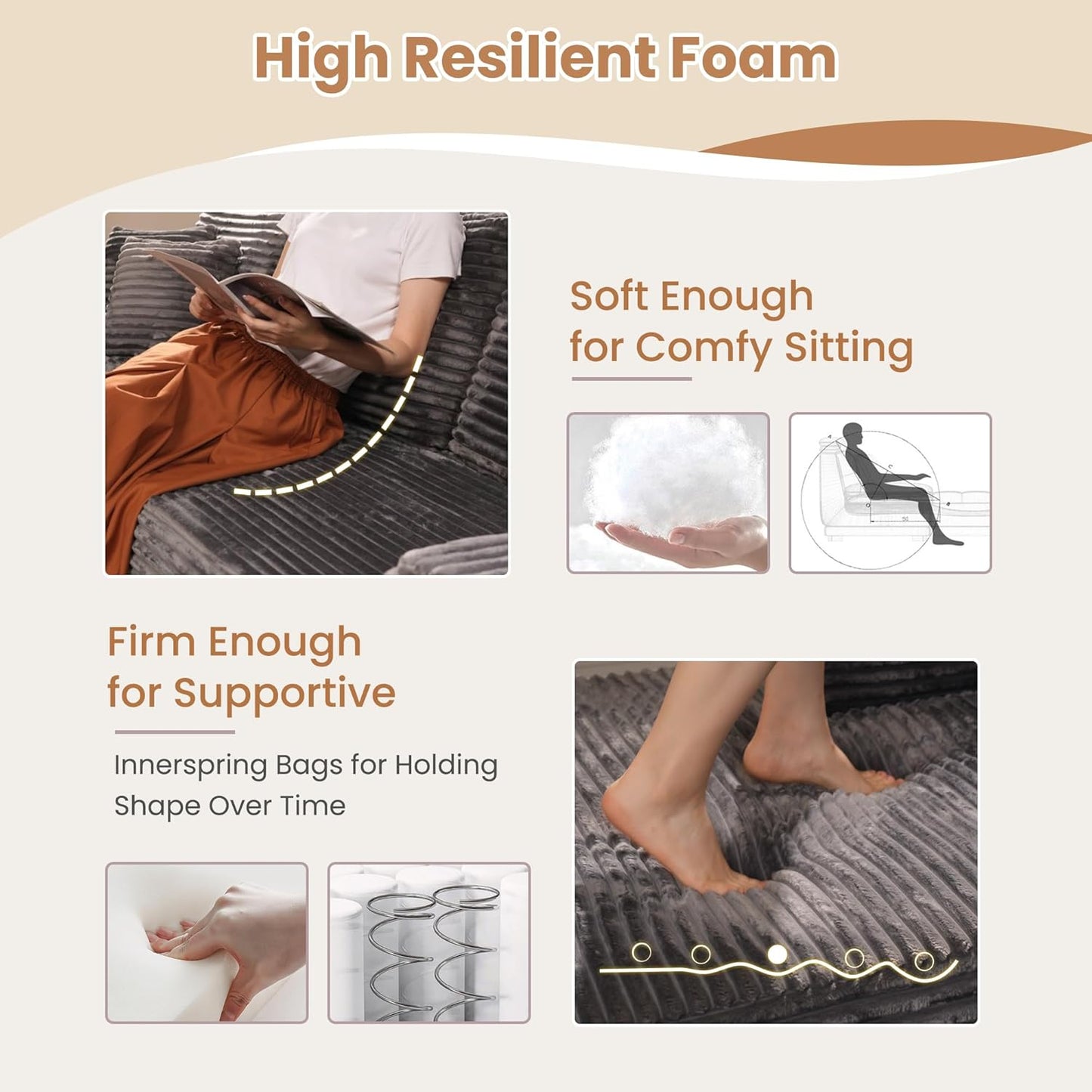 HOOOWOOO Cloud Sectional Couches for Living Room,Modular Sectional Sofa No Assembly,Plush Corduroy Large Floor Couch Furniture Set with Deep Seat Right Chaise L Shape(Gray)