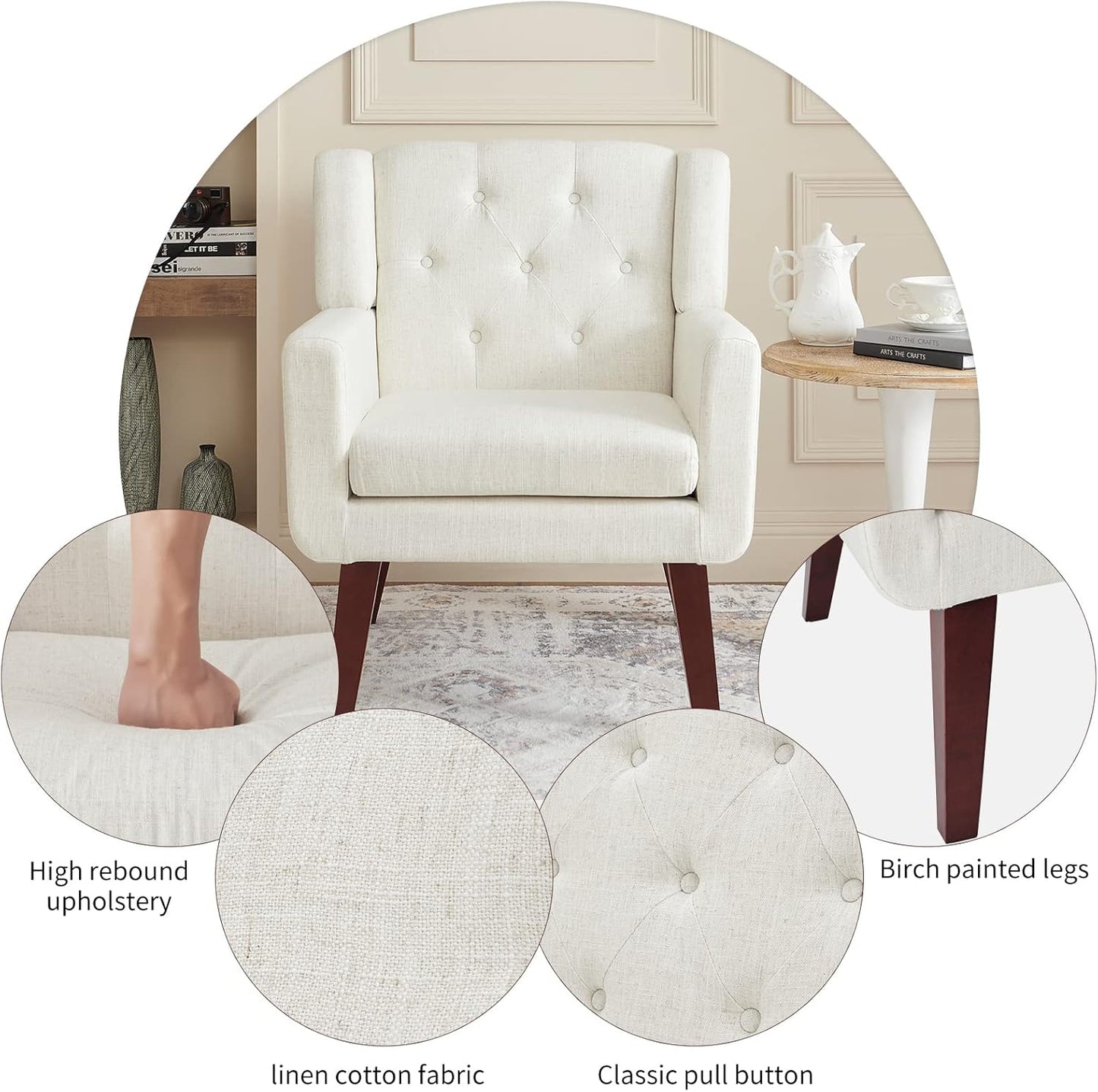 Accent Chair Button-Tufted Upholstered Living Room Chairs Comfy Reading Chair Mid Century Modern Chair with Linen Fabric Lounge Arm Chairs for Living Room Bedroom (Beige Set of 2)