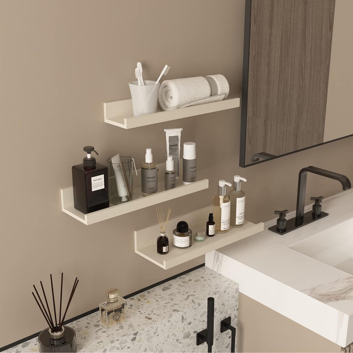 Giftgarden 16 Inch Floating Shelves Wall Mounted, Creamy White Beige Wood-Grain Wooden Ledge Shelf for Bathroom Bedroom Living Room Kitchen Nursery, Set of 3 Different Sizes