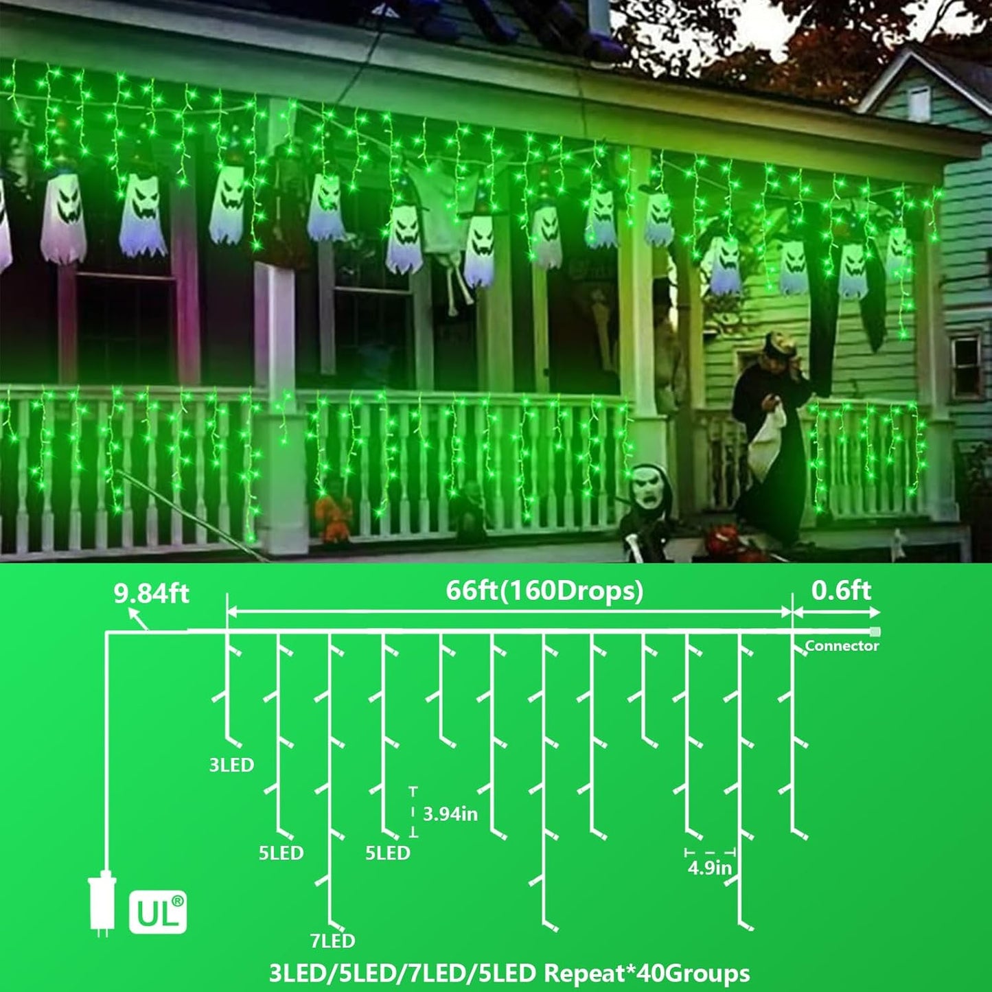 QITONG Green Icicle Lights for Outside, 66ft 800 LED Halloween Light Plug in with 8 Modes, Clear Wire Connectable Christmas Lights Indoor with 160 Drops