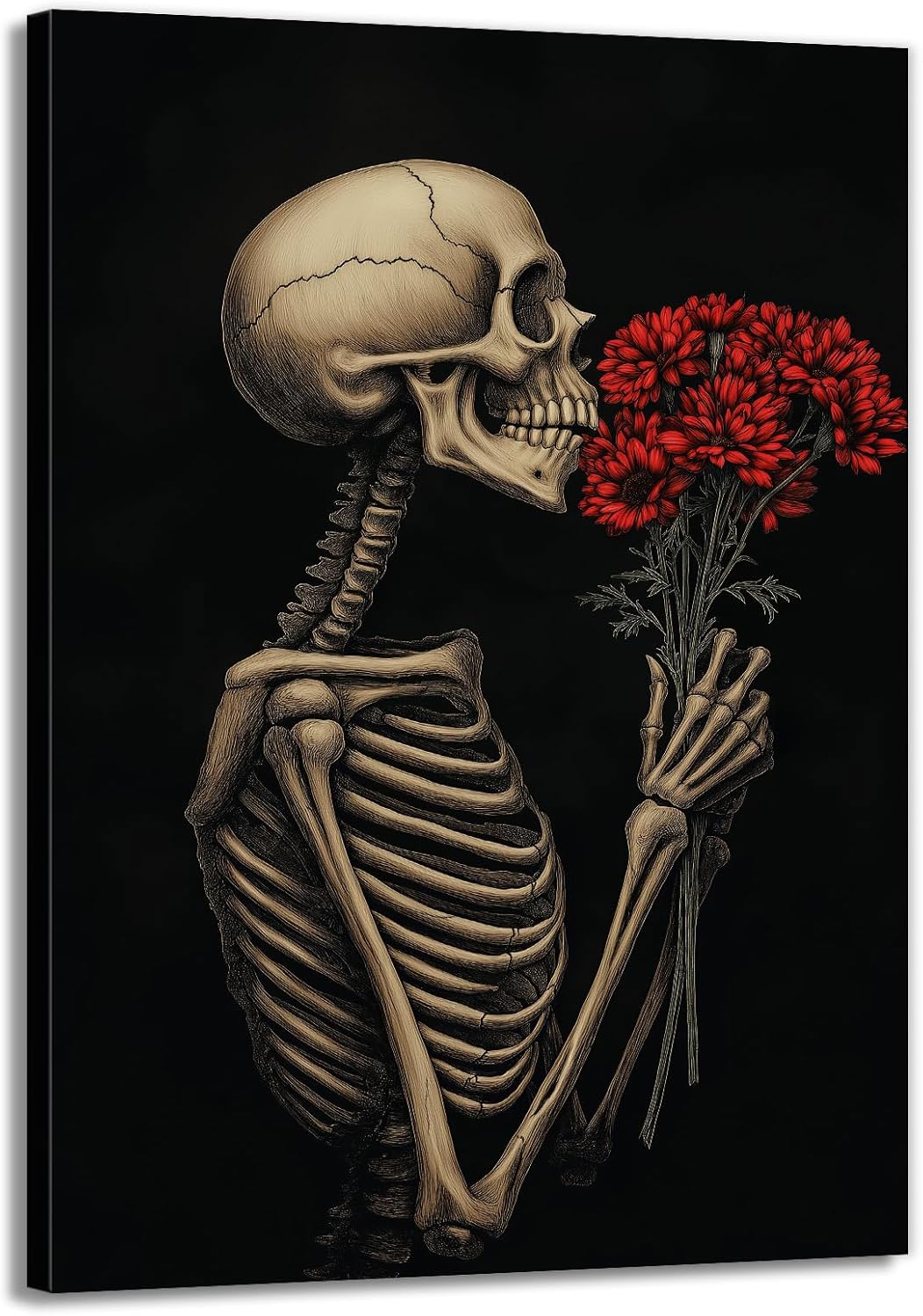 OAAPITI Red Rose Skull Wall Art Dark Themed Skeleton Painting Modern Artwork for Gothic Home Decor(Artwork-5,28"x42")