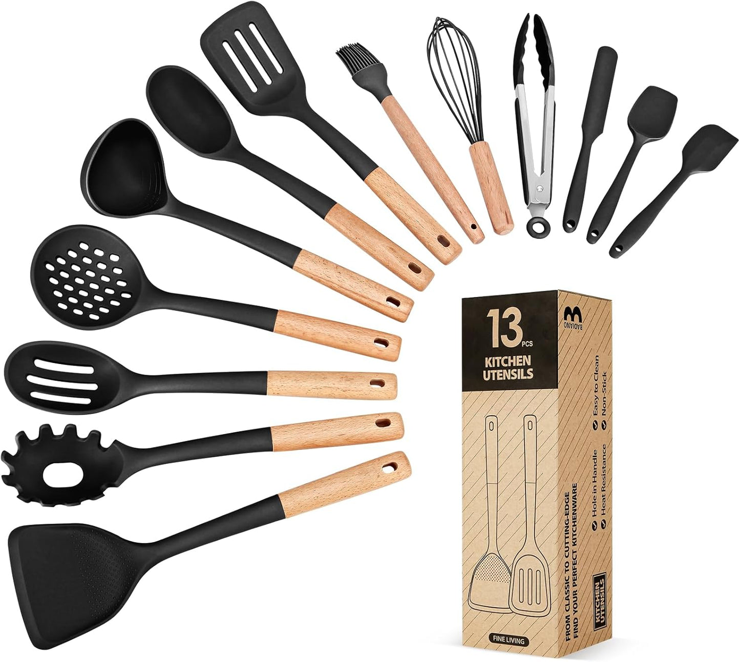 Kitchen Utensils Set, 13PCS Silicone Cooking Utensils, Heat Resistant Kitchen Utensil Spatula Set for Nonstick Cookware, Wooden Handles Kitchen Gadgets Tools Set