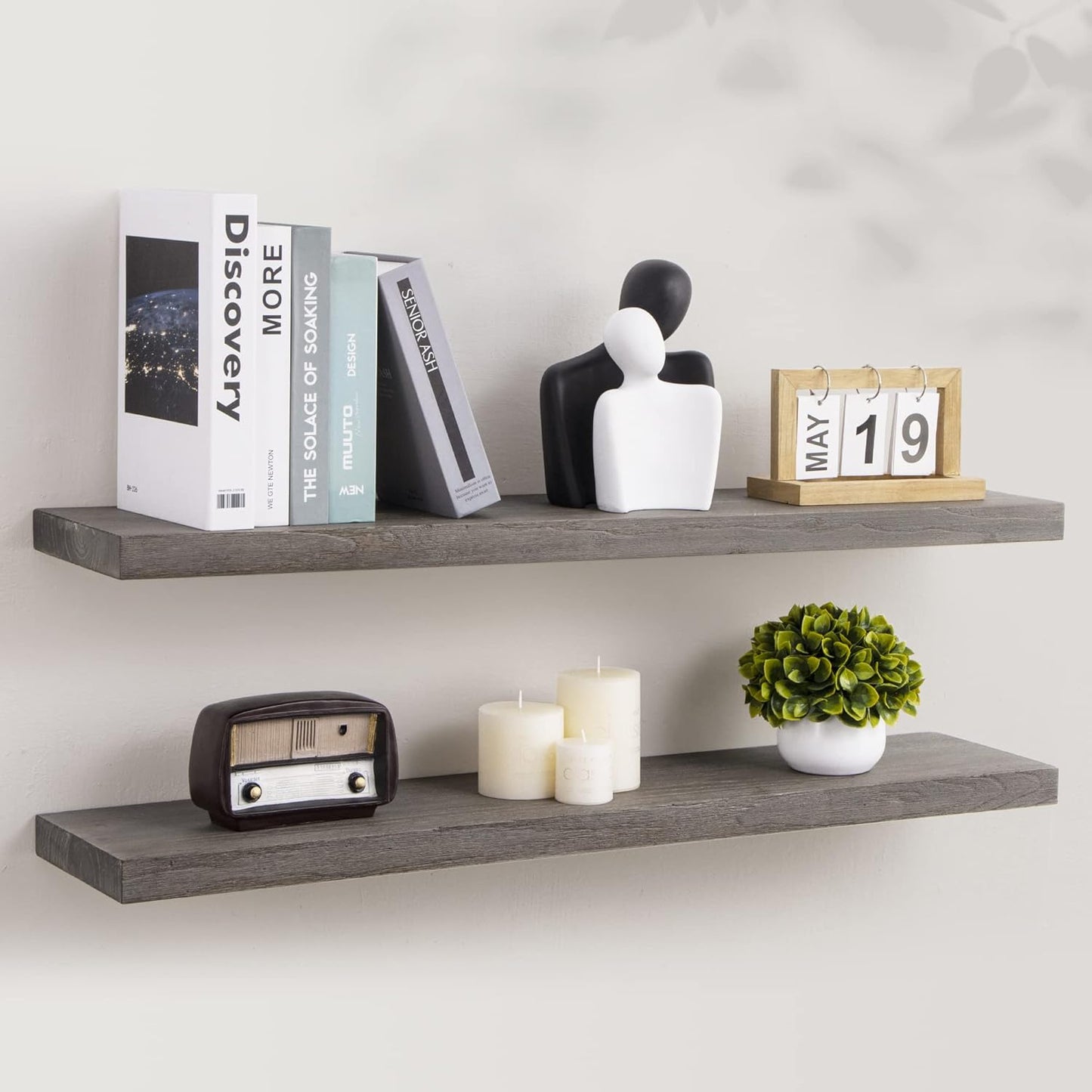 Axeman Floating Shelves for Wall, 8 Inch Deep Rustic Solid Elm Wood Wall Shelves for Storage, Wall Mounted Display Shelving with Invisible Heavy-Duty Metal Bracket, 36'' Width Set of 2, Grey