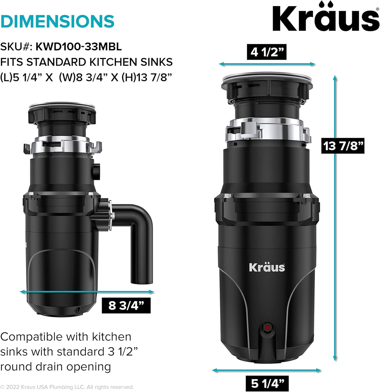KRAUS WasteGuard 1/3 HP Ultra-Quiet Garbage Disposal with Quick Connect, Kitchen Sink Drain Cover, Power Cord and Flange Included, KWD100-33MBL