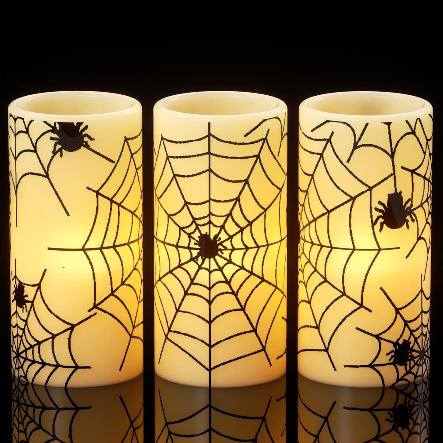 Wondise Halloween Flickering Flameless Candles with Spider Decals, Battery Operated Candles with 6hrs Timer, Real Wax Halloween LED Candles for Horror Spooky Halloween Home Decoration(Set of 3, 3"x6")