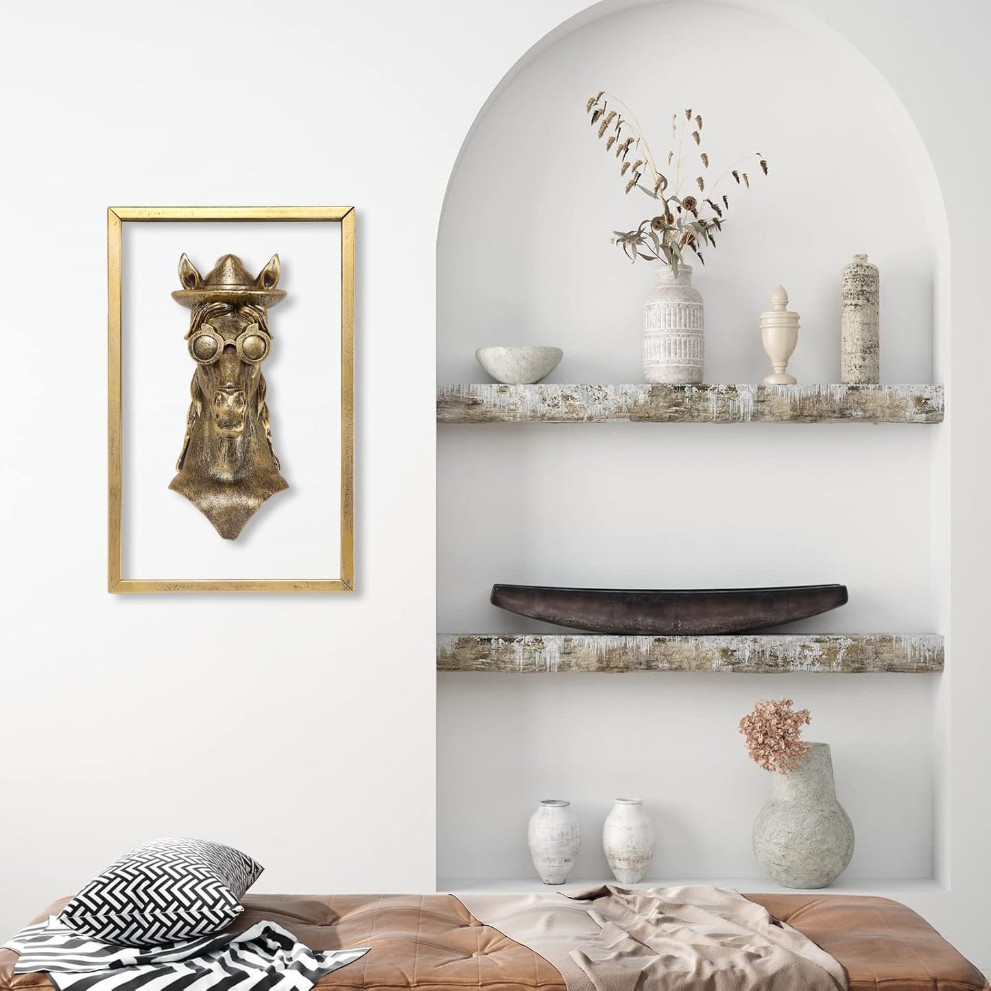 Animal Heads Wall Decor (Includes Metal Frame) Resin Animals Sculptures Head Wall Hanging Decoration Gold vintage Wall Sculpture for Living Room Bedroom Office(Horse)