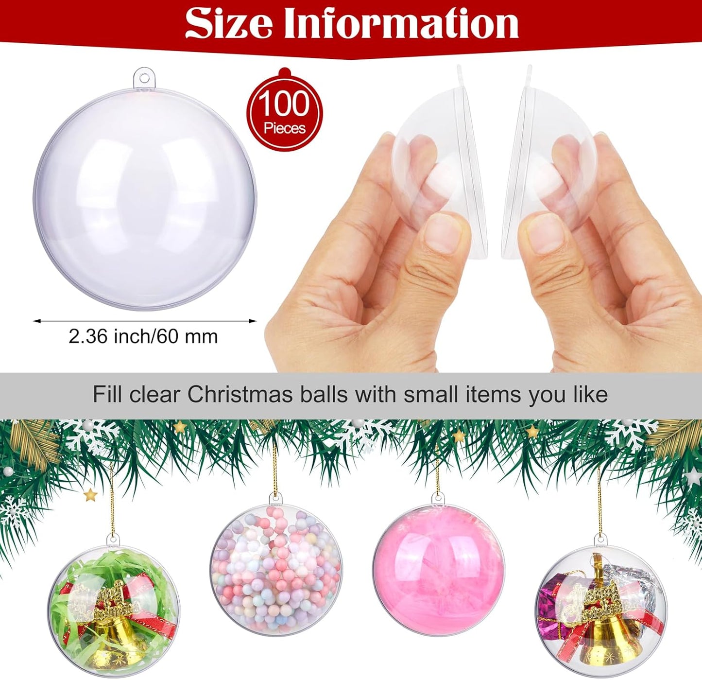 ANVAVO 100 Pieces 60mm Christmas Clear Plastic Fillable Ball Ornaments DIY Craft Transparent Baubles Shatterproof Christmas Tree Hanging Ornaments for Christmas New Years Birthday Wedding Home Decor