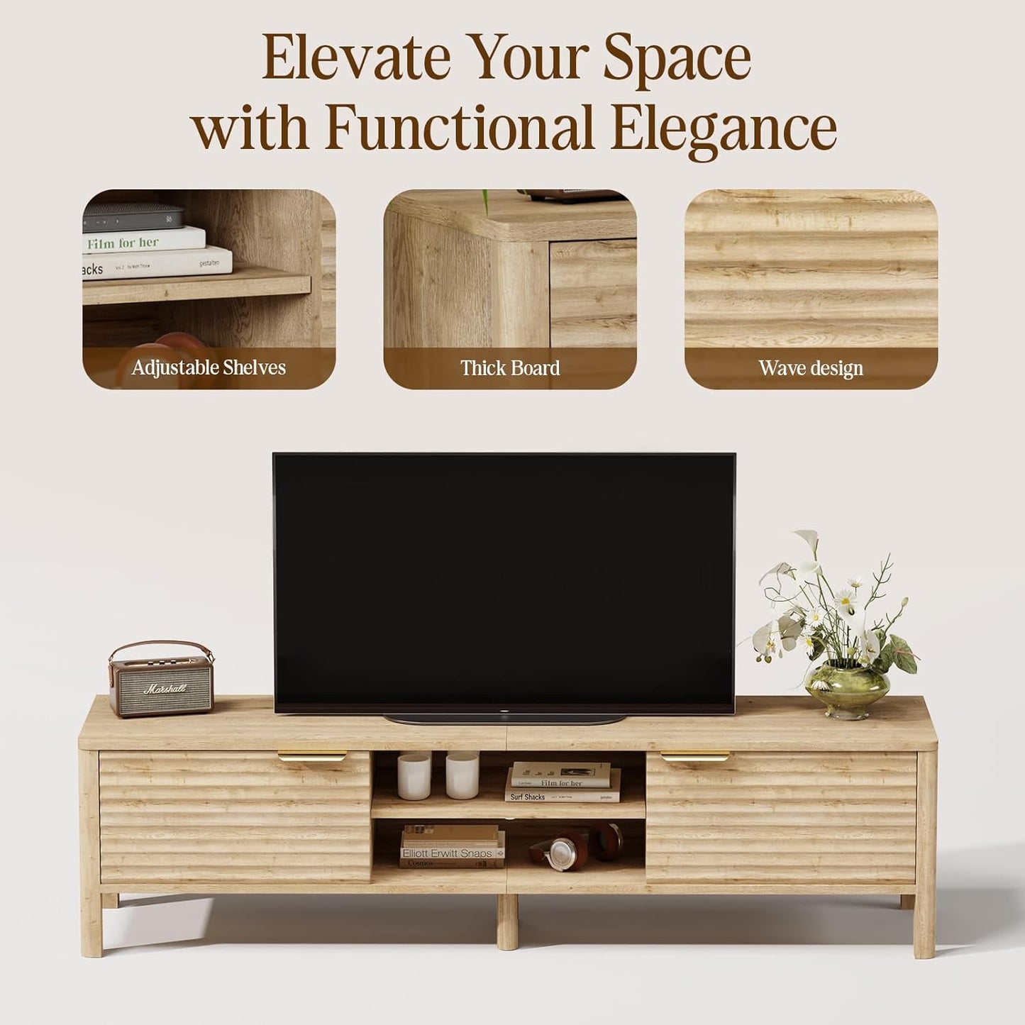 TV Stand for Living Room - up to 65 Inch TVs Mid Century Modern Entertainment Center with Storage and Adjustable Shelves, Media Console Table Oak 59"