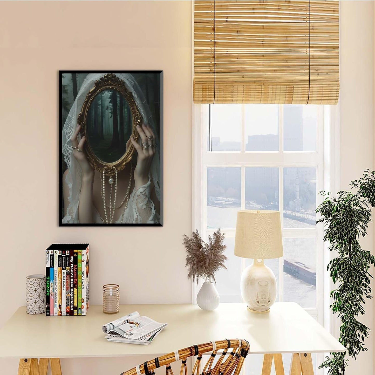 Mirror face covering dark art poster print melancholy gothic painting vintage feminine print victorian style decoration antique art12x16in Metal blackFramed