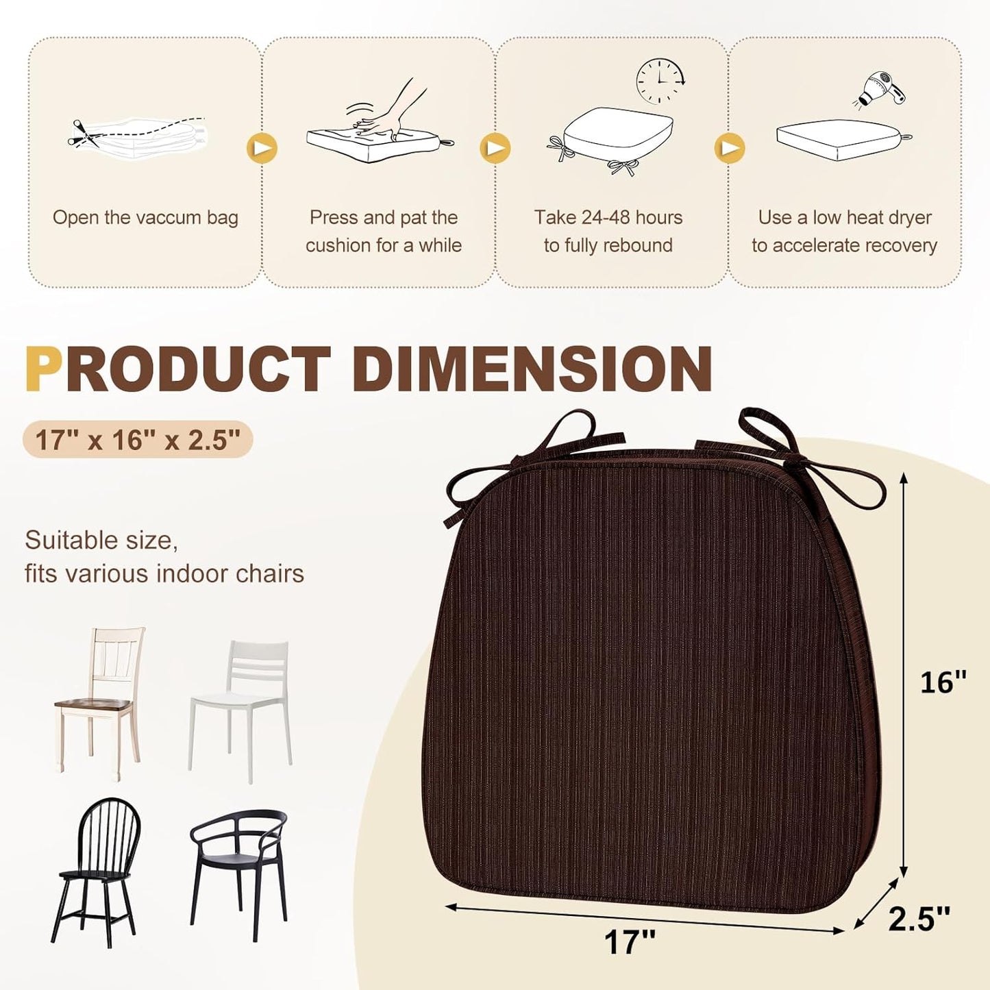 downluxe Chair Cushions for Dining Chairs, Waterproof Kitchen Chair Pads, Non-Slip Dining Seat Cushion with Ties, 17" x 16" x 2.5", Brown, 4 Pack